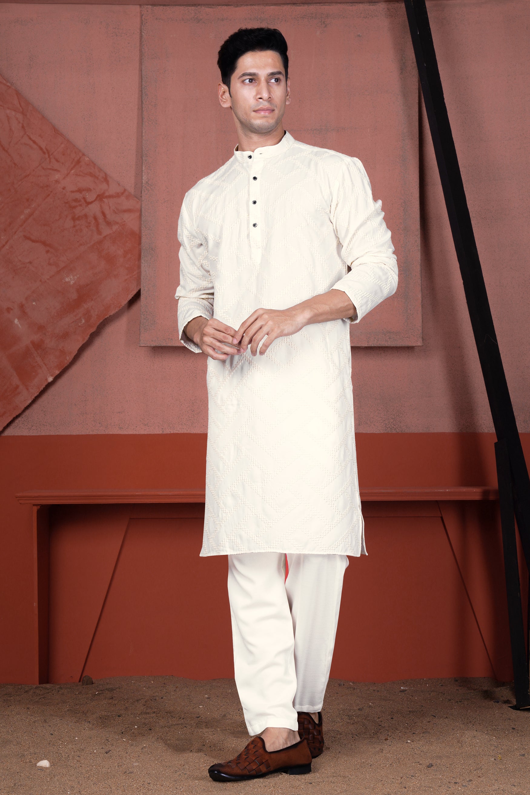 Albescent Cream Viscose Embroidered Designer Kurta K225-BLK-38, K225-BLK-39, K225-BLK-40, K225-BLK-42, K225-BLK-44, K225-BLK-46, K225-BLK-48, K225-BLK-50, K225-BLK-52