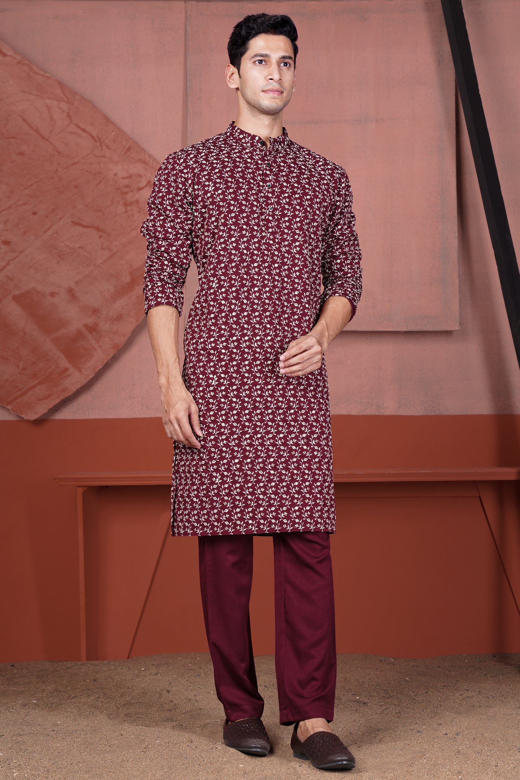 Mulberry Maroon Viscose Ditsy Embroidered With Tikki Work Designer Kurta