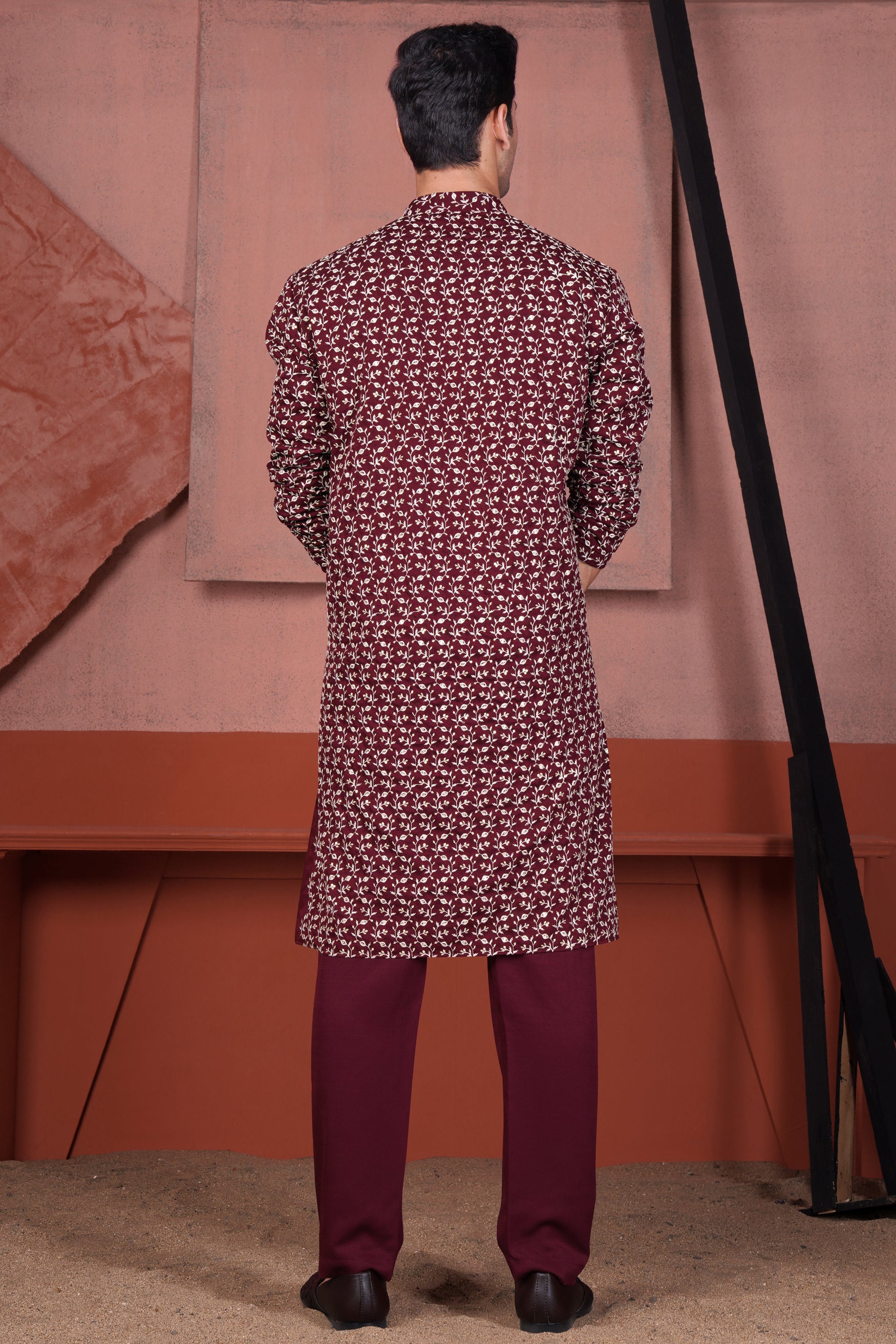 Mulberry Maroon Viscose Ditsy Embroidered With Tikki Work Designer Kurta