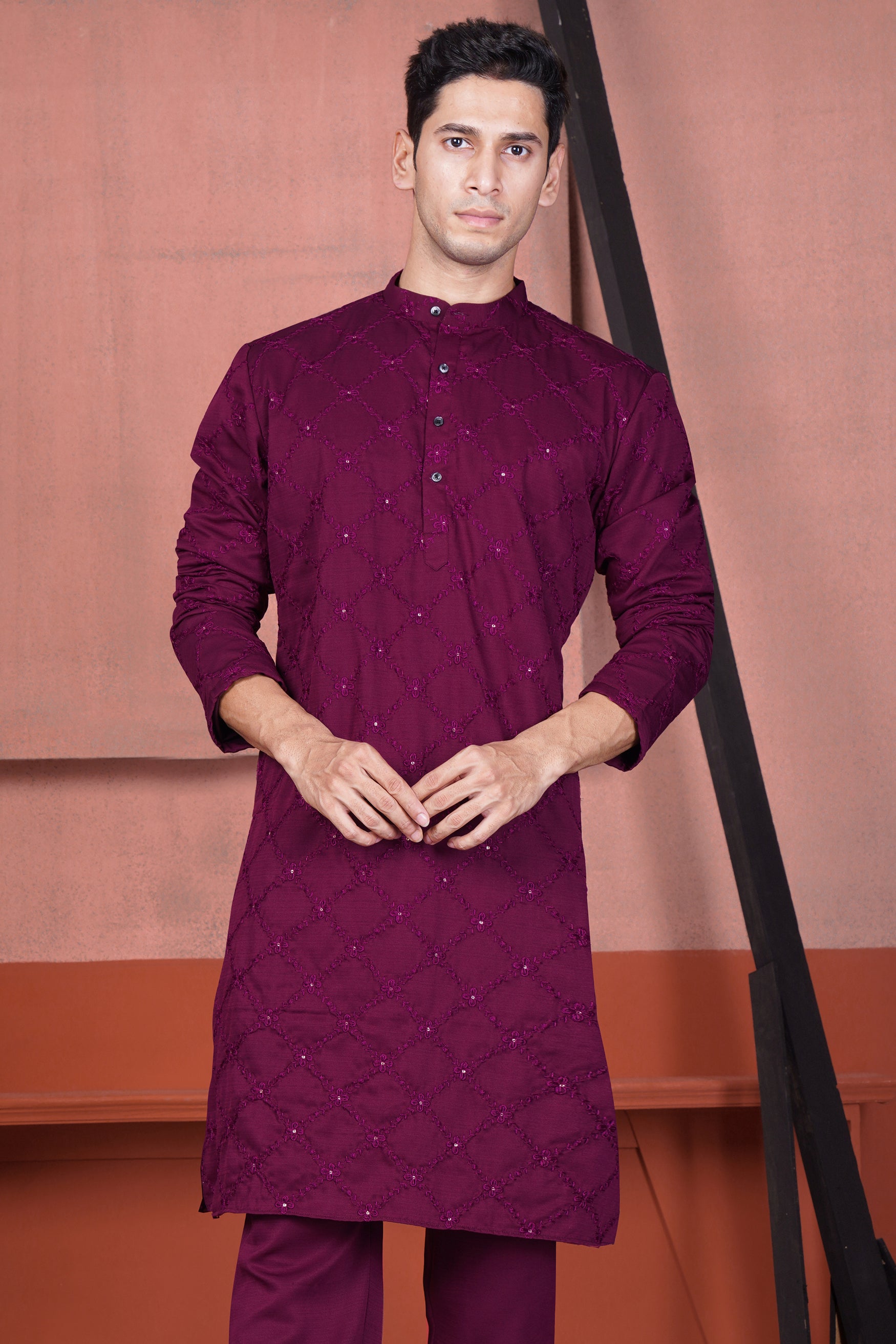 Bordeaux Wine Viscose Embroidered With Tikki Work Designer Kurta