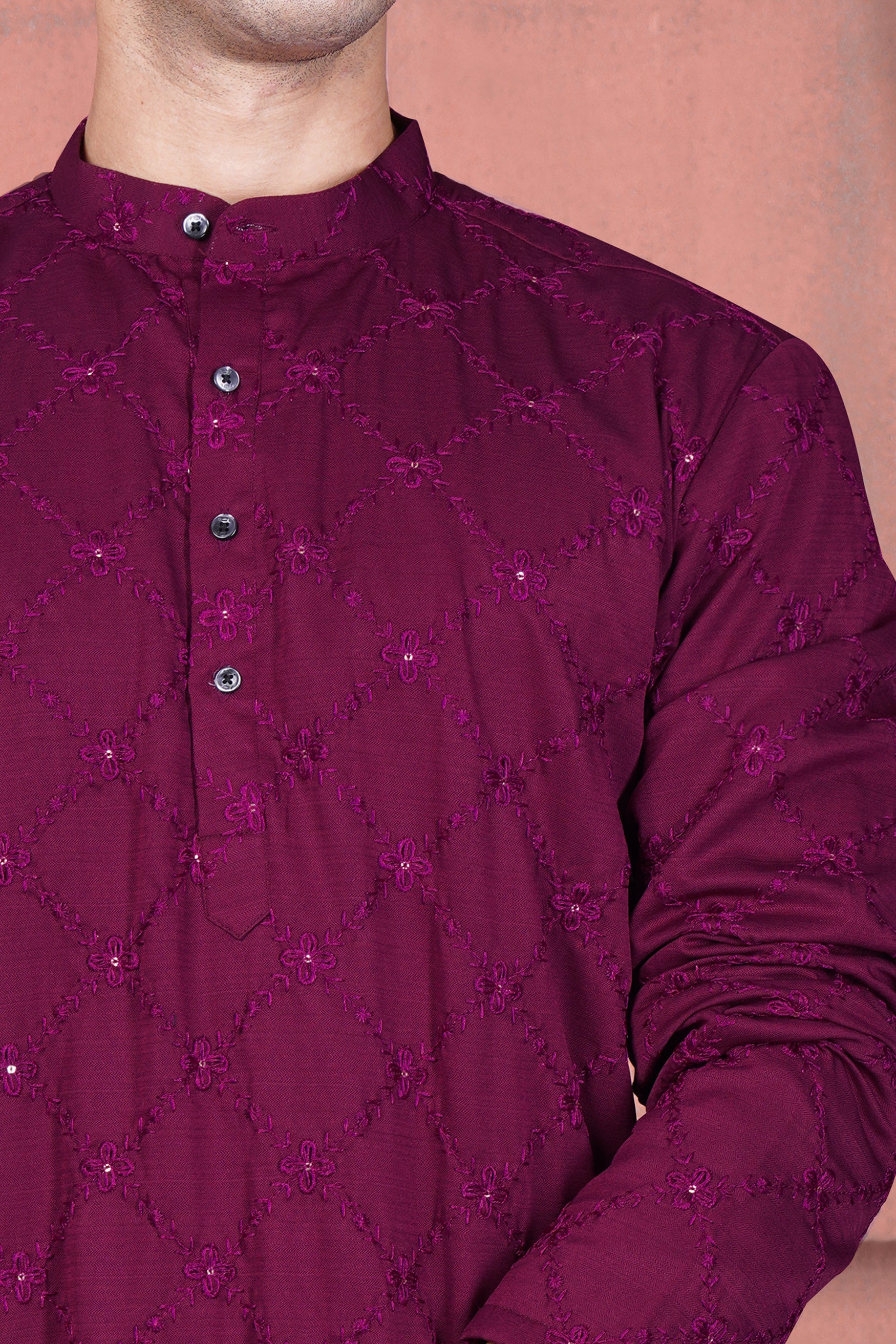 Bordeaux Wine Viscose Embroidered With Tikki Work Designer Kurta