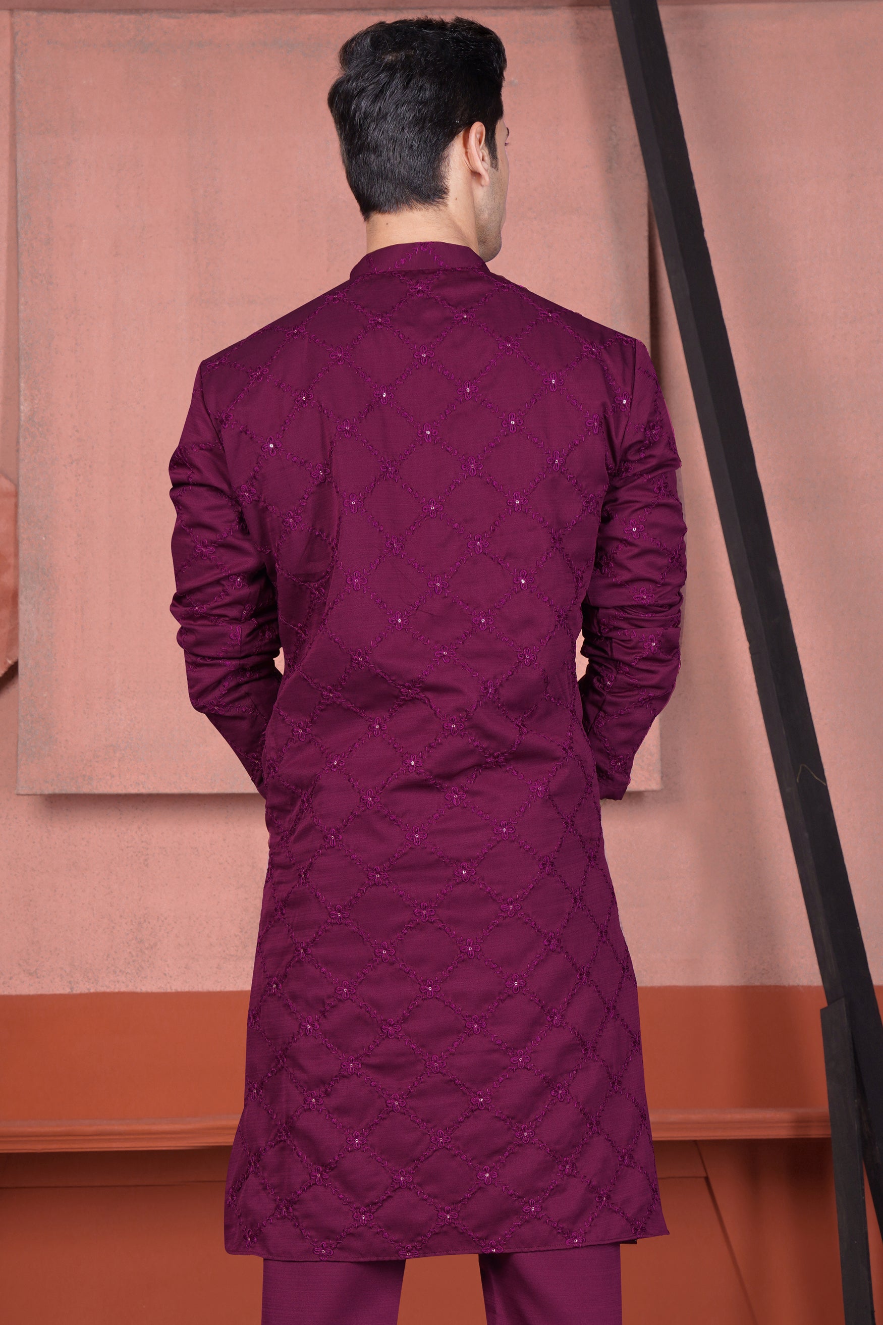 Bordeaux Wine Viscose Embroidered With Tikki Work Designer Kurta