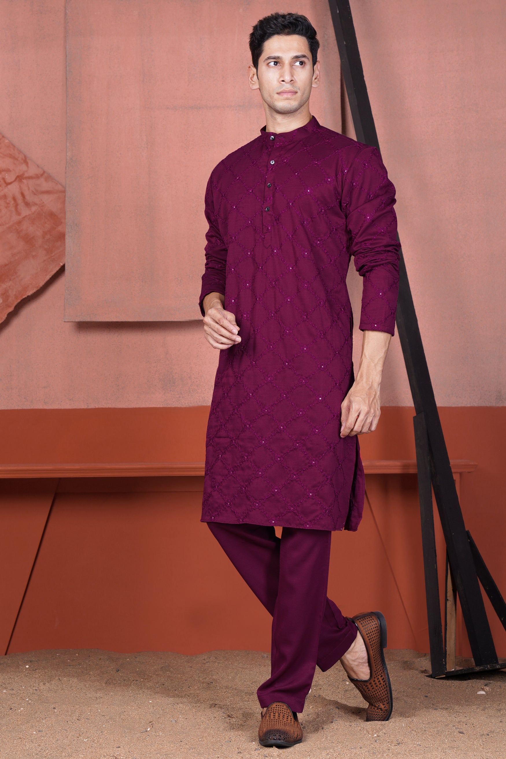Bordeaux Wine Viscose Embroidered With Tikki Work Designer Kurta
