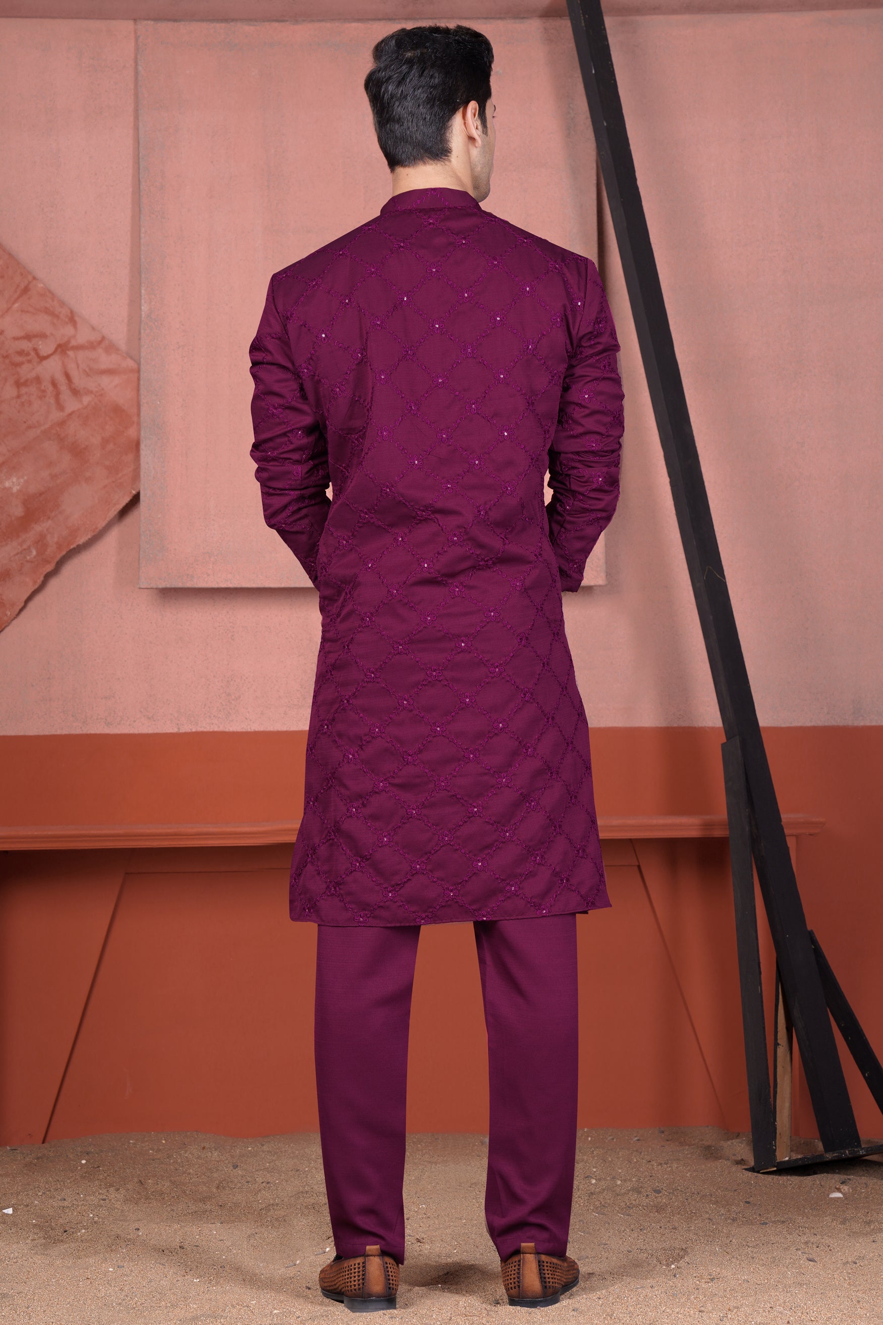 Bordeaux Wine Viscose Embroidered With Tikki Work Designer Kurta