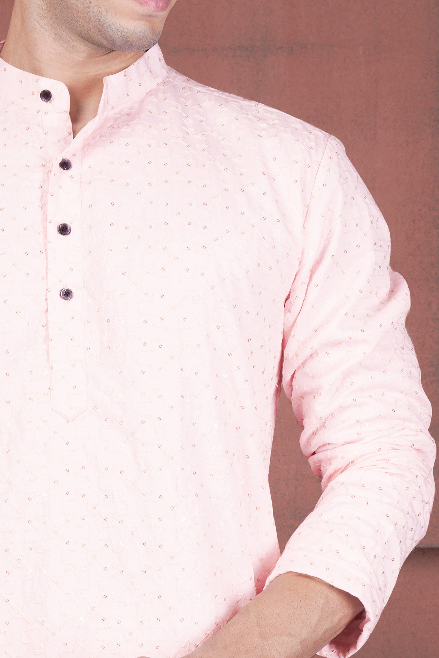 Blush Peach Viscose Embroidered With Tikki Work Designer Kurta