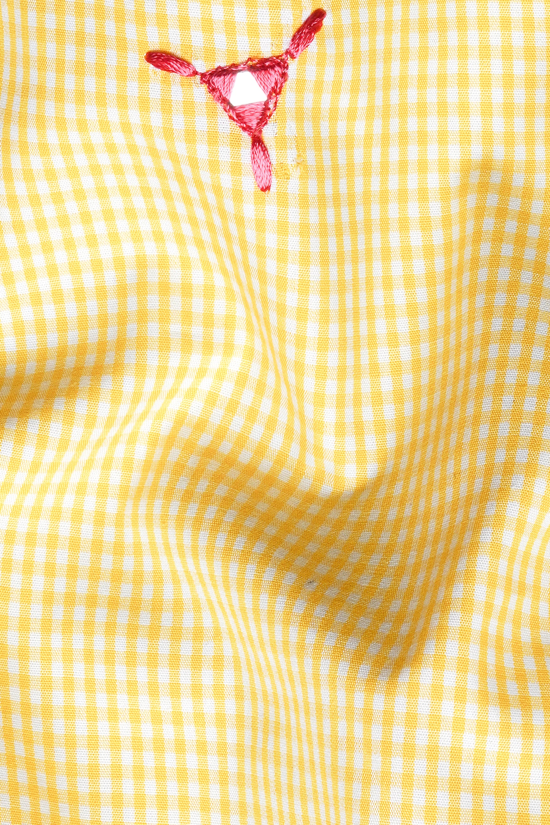 Brulee Yellow and White Gingham Checkered with Thread Embroidered and Mirror Work Premium Cotton Designer Kurta