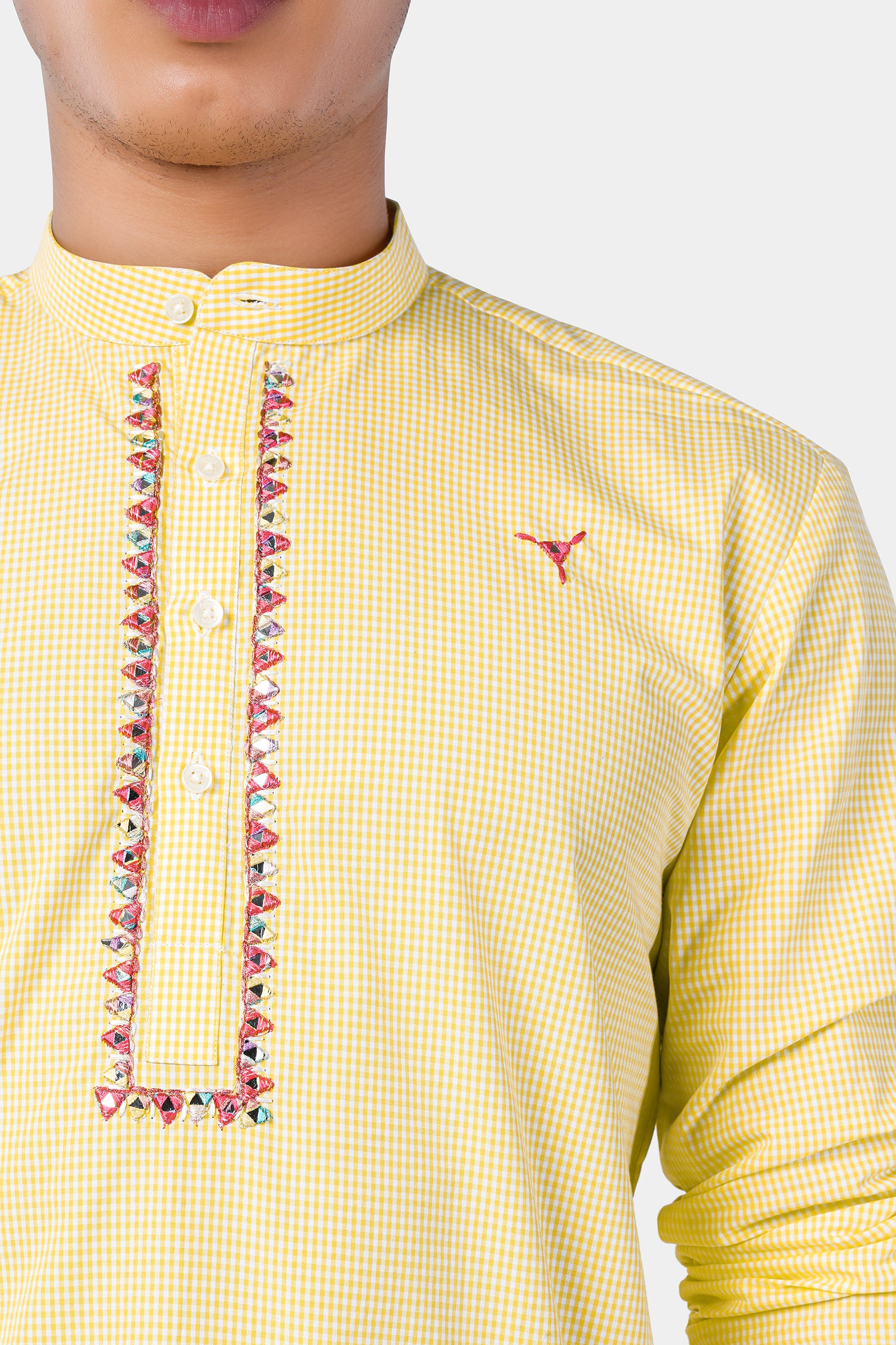 Brulee Yellow and White Gingham Checkered with Thread Embroidered and Mirror Work Premium Cotton Designer Kurta