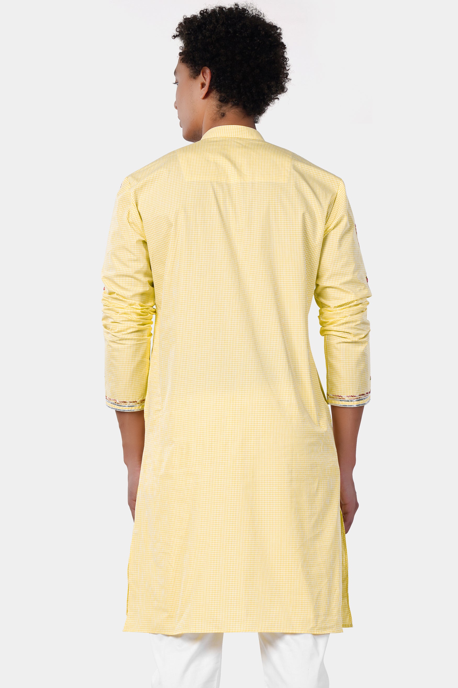 Brulee Yellow and White Gingham Checkered with Thread Embroidered and Mirror Work Premium Cotton Designer Kurta
