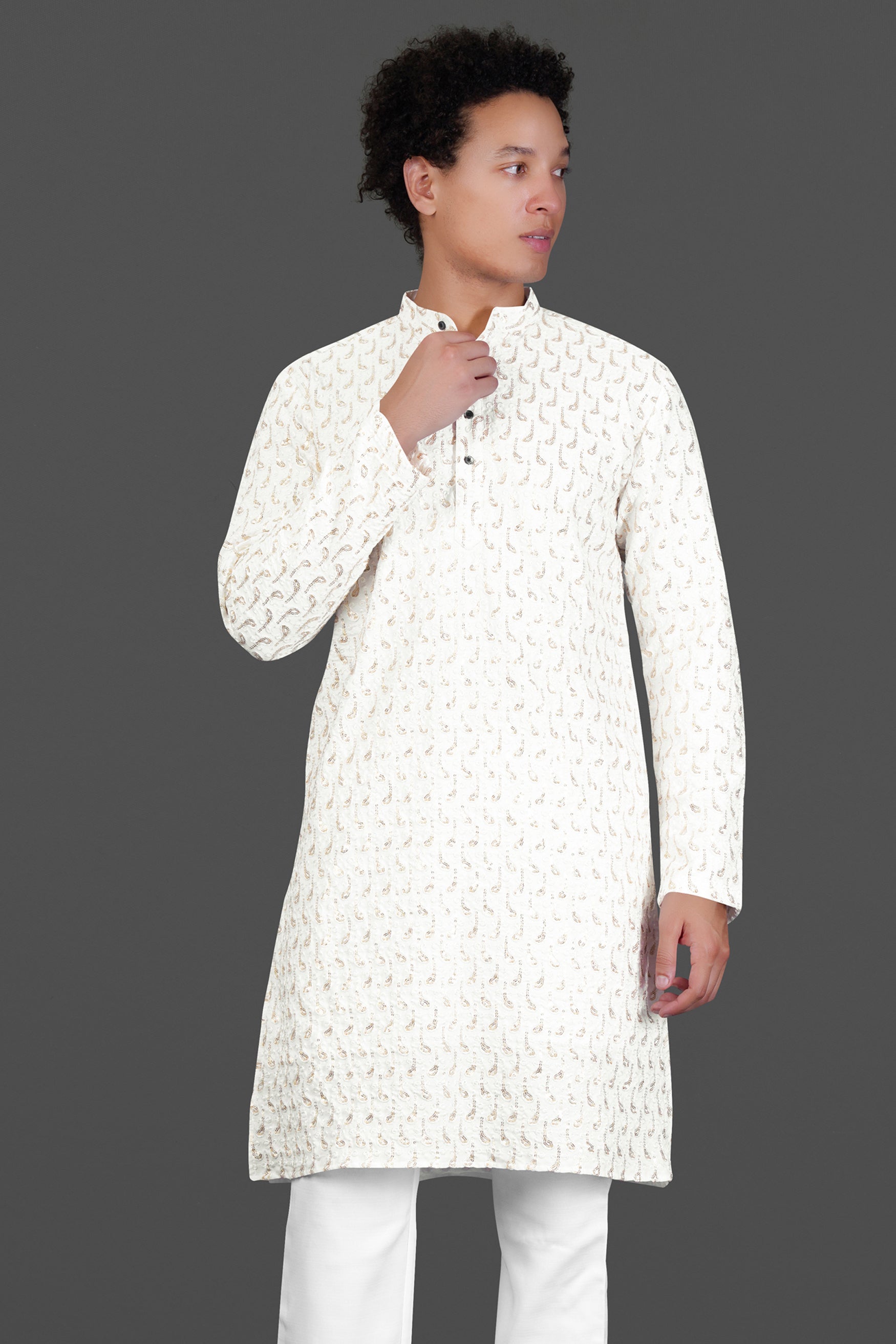 Bright White Leaves Pattern Sequin Embroidered Subtle Sheen Viscose Designer Kurta