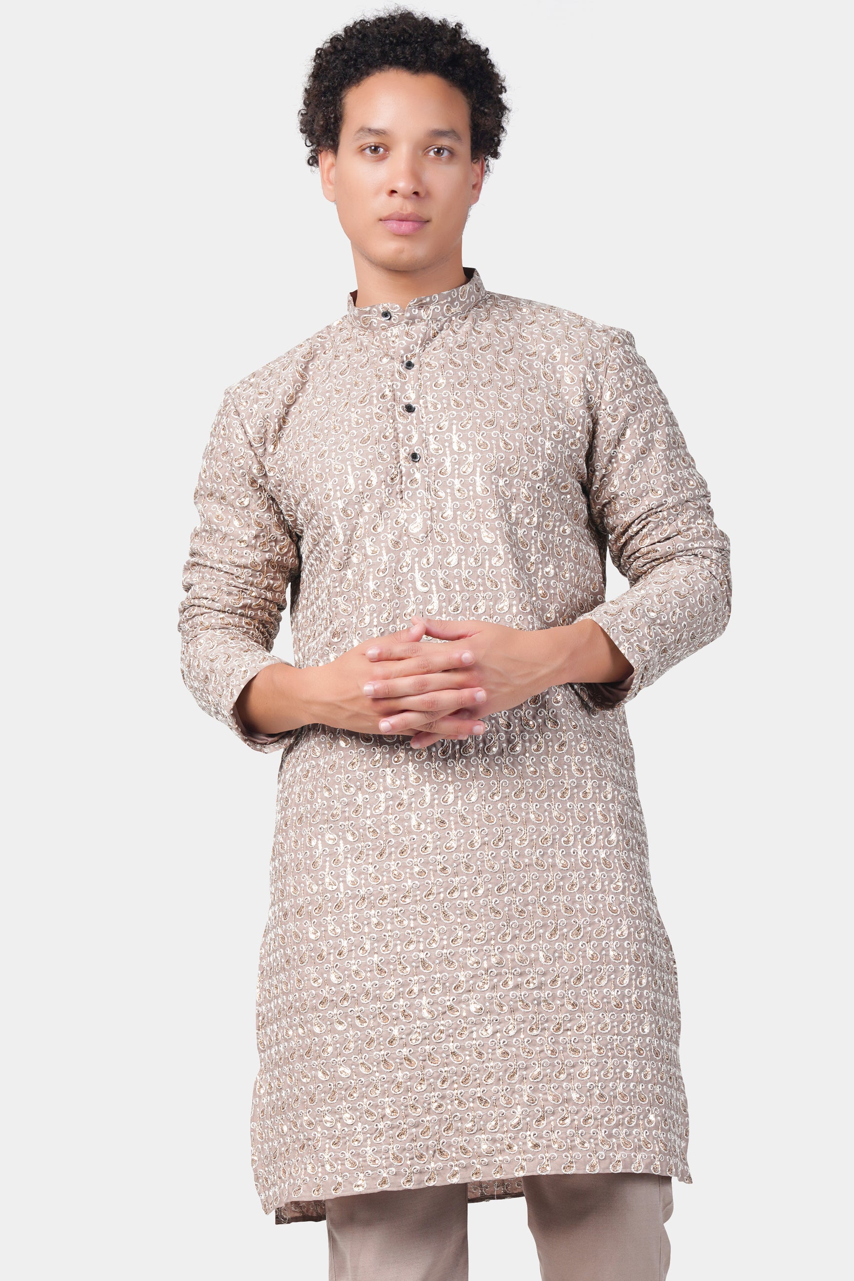 Foggy Brown Paisley Pattern Thread and Sequin Embroidered Subtle Sheen Viscose Designer Kurta