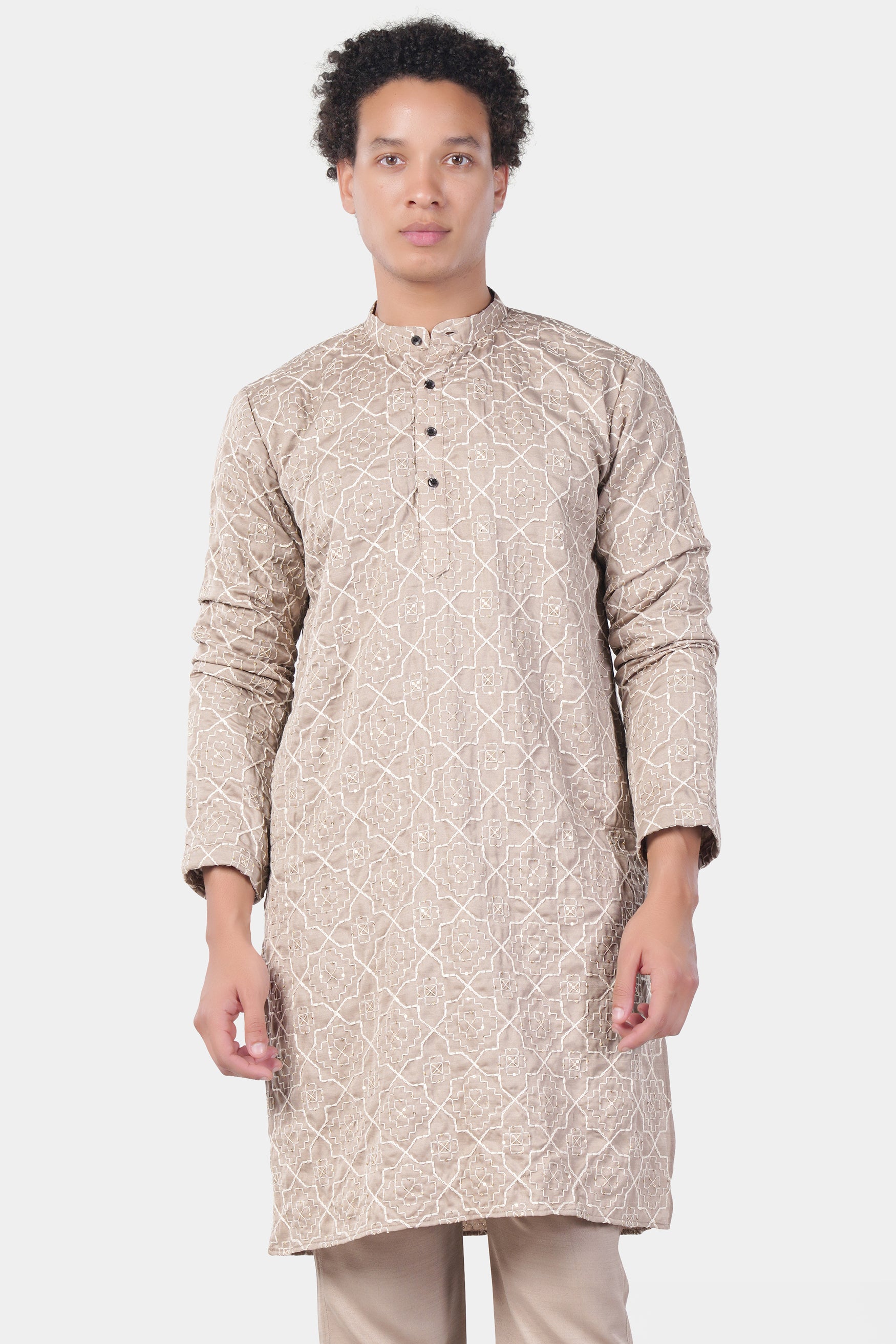 Chalice Brown and White Trellis Pattern Thread and Sequin Embroidered Subtle Sheen Viscose Designer Kurta