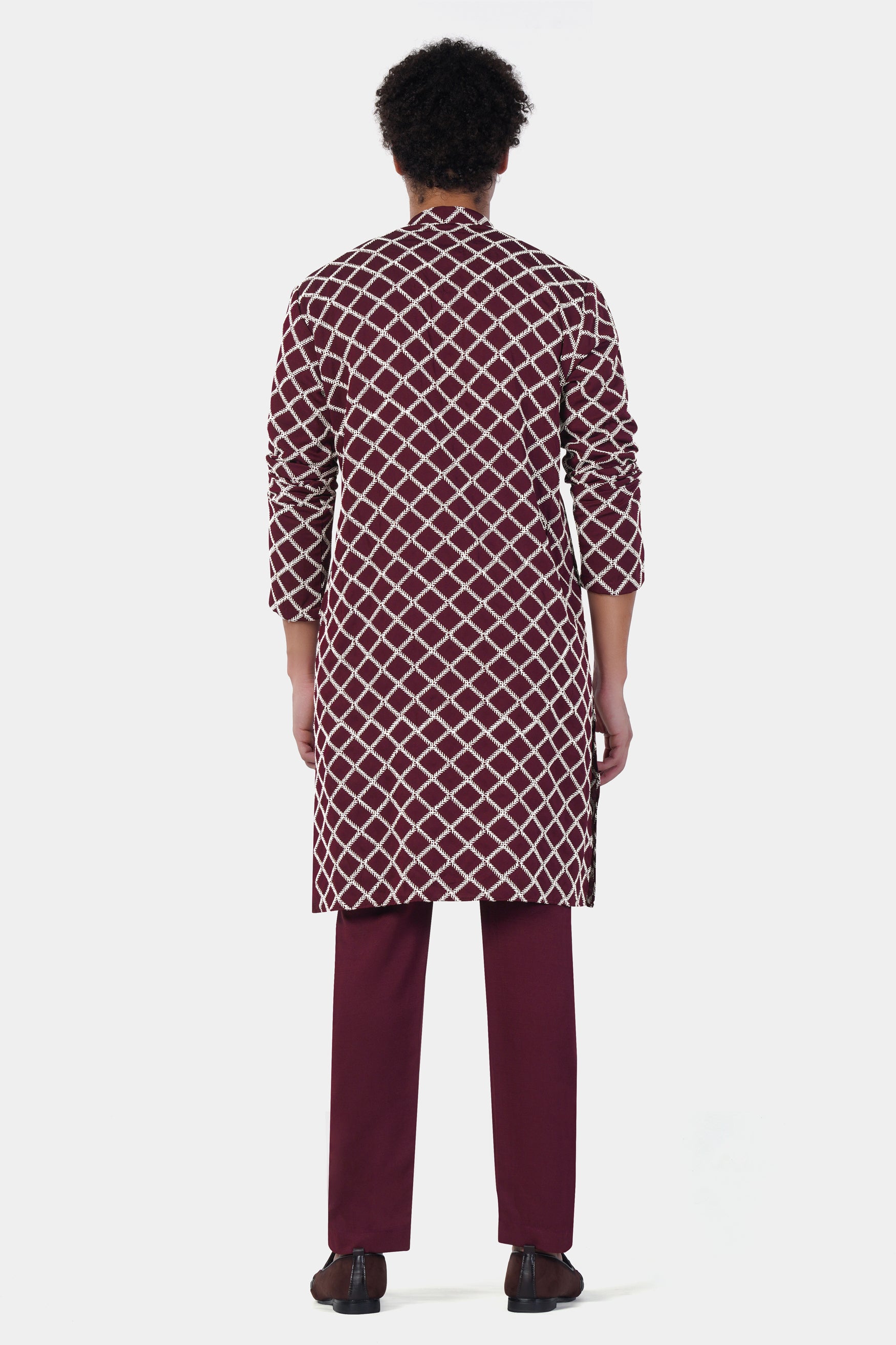 Aubergine Maroon and White Geometric Pattern Thread Embroidered Subtle Sheen Viscose Designer Kurta