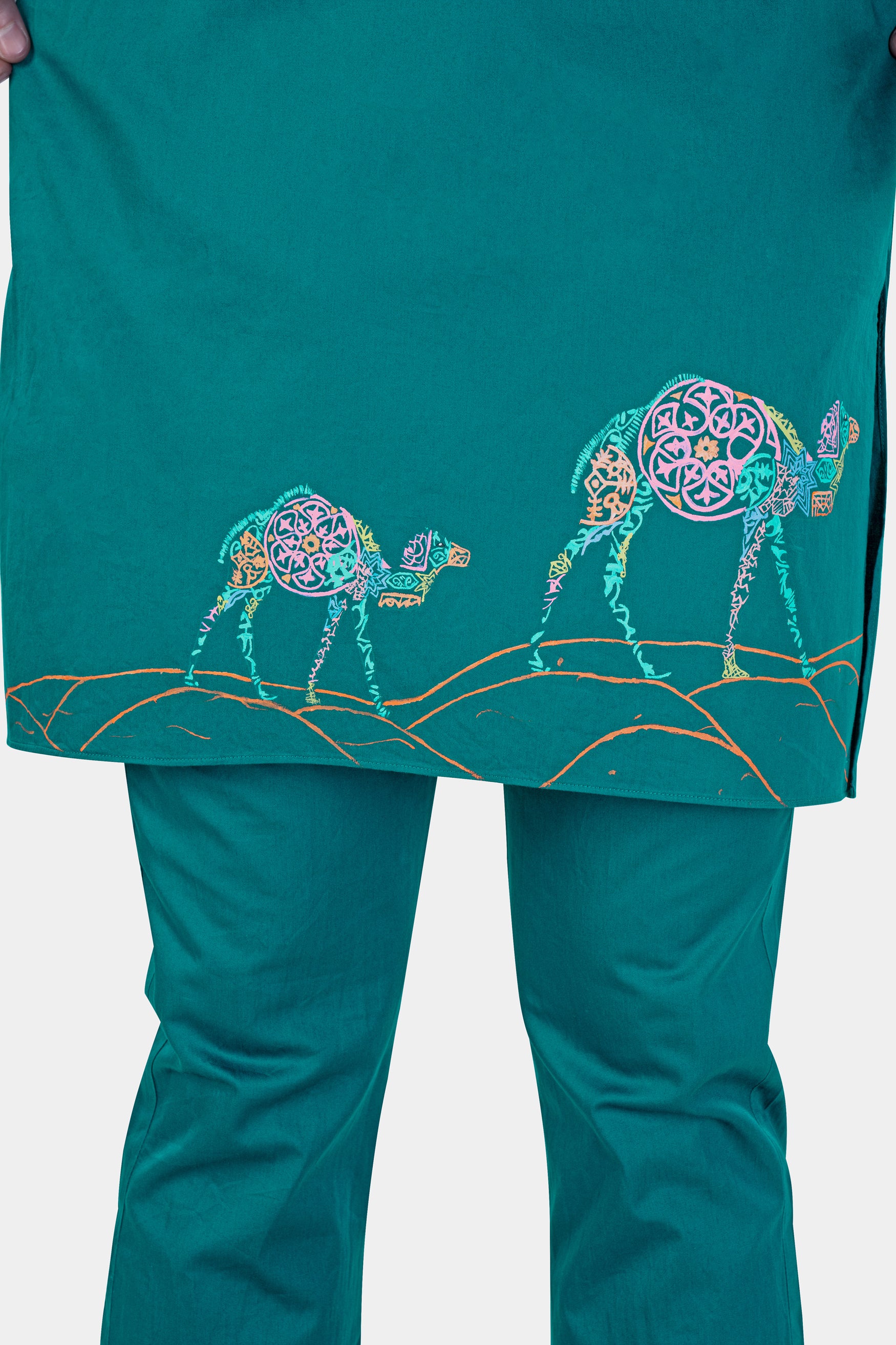 Aquamarine Green Camel Hand Painted Subtle Sheen Super Soft Premium Cotton Designer Kurta