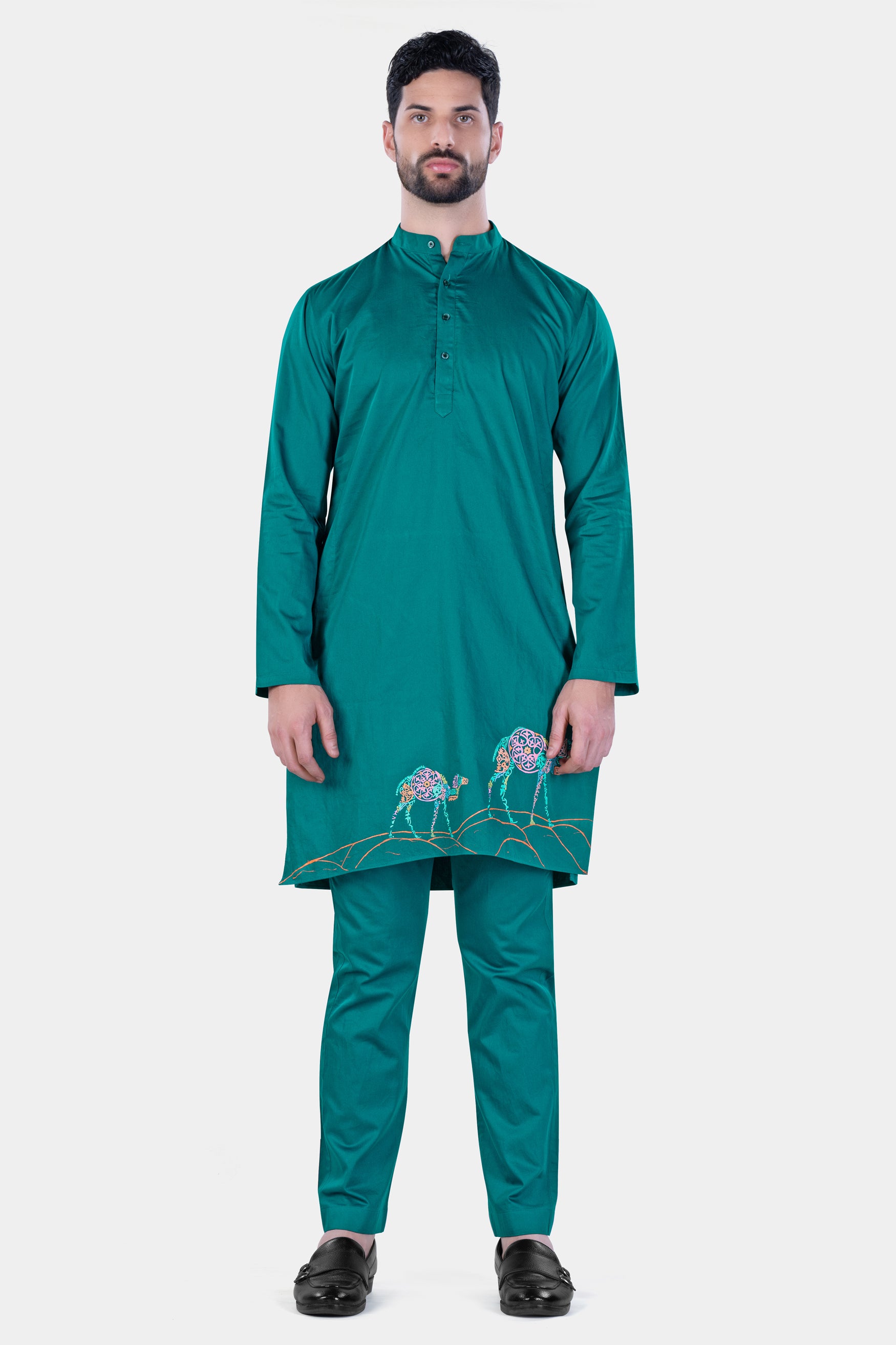 Aquamarine Green Camel Hand Painted Subtle Sheen Super Soft Premium Cotton Designer Kurta