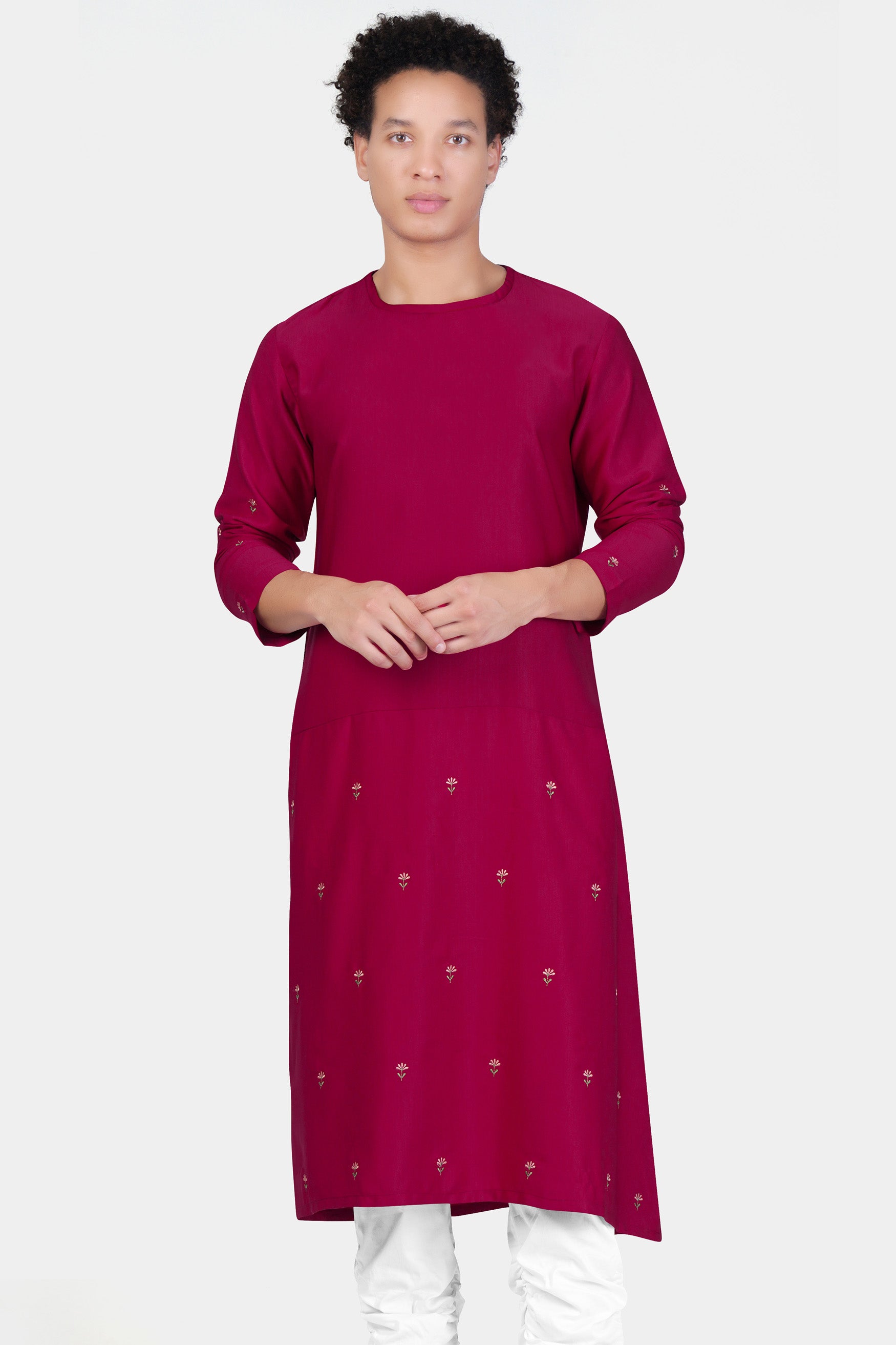 Rubine Maroon Floral Embroidered Viscose Designer Kurta