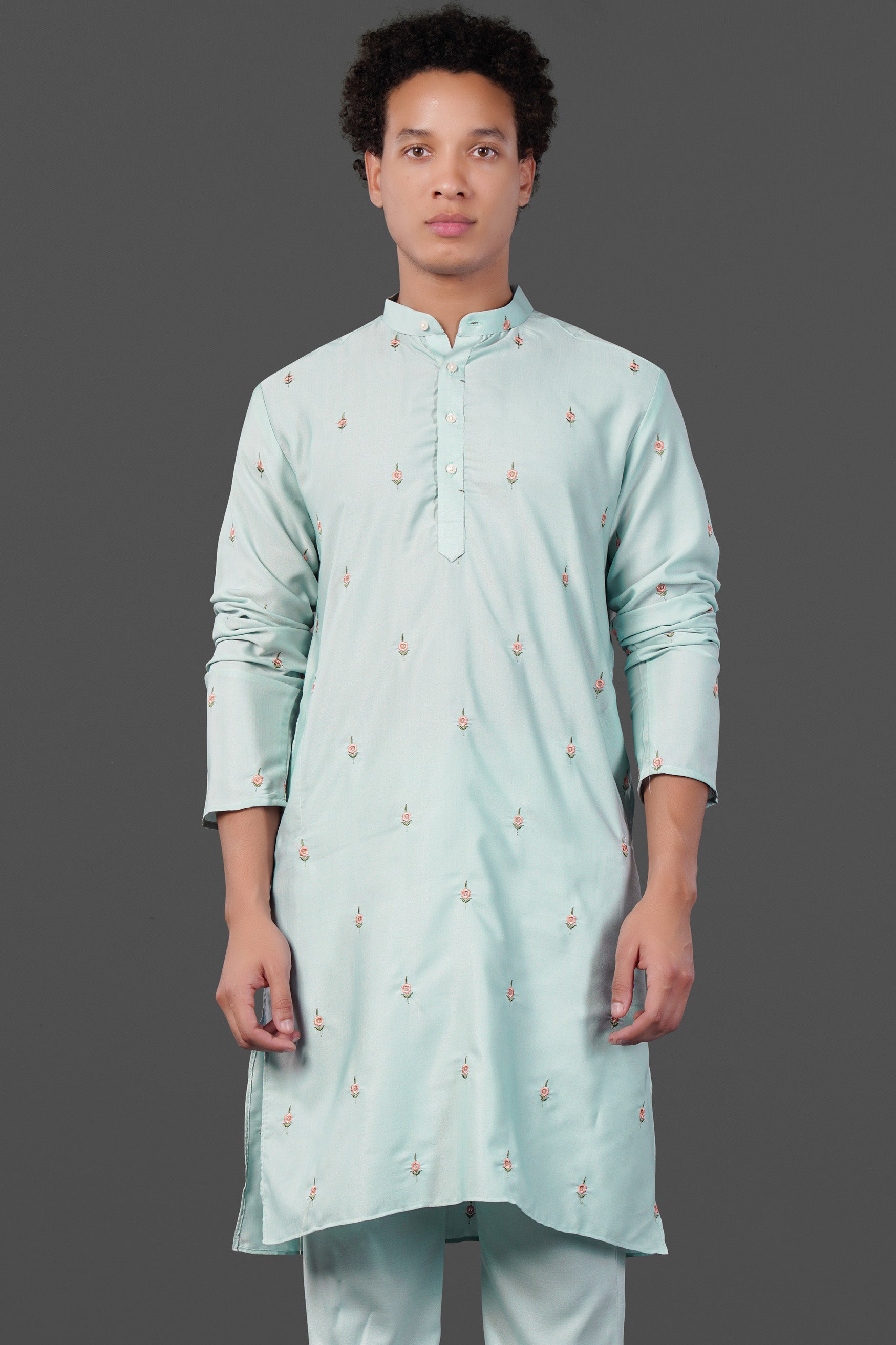 Celeste Blue Floral Embroidered Viscose Designer Kurta