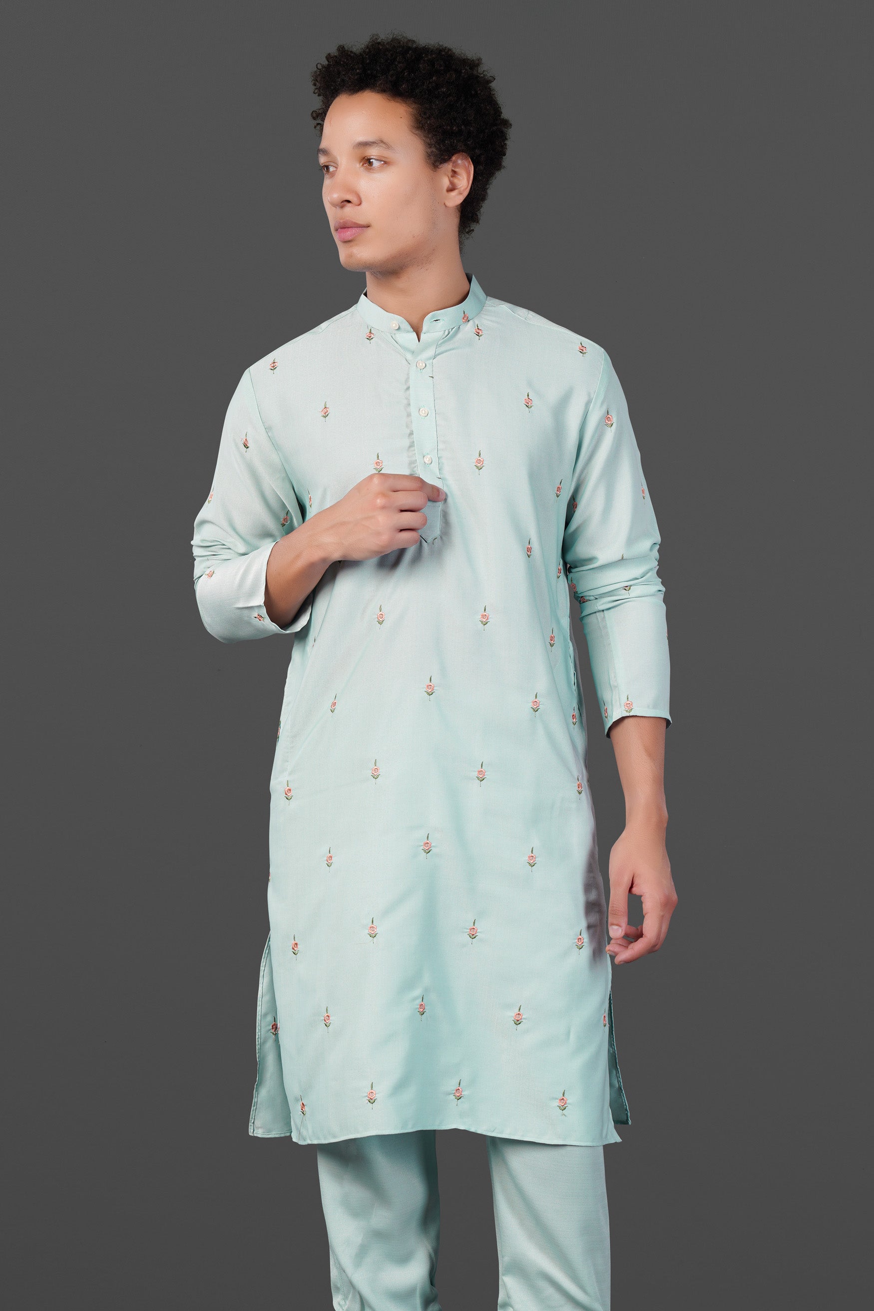 Celeste Blue Floral Embroidered Viscose Designer Kurta