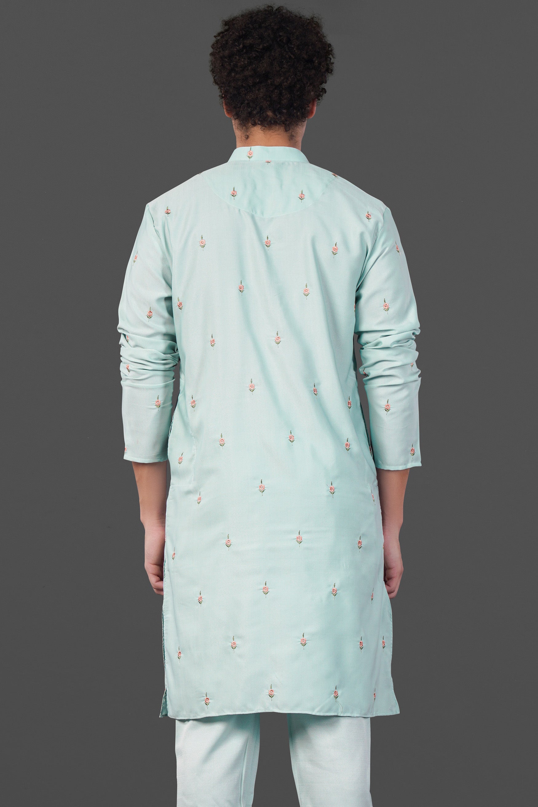 Celeste Blue Floral Embroidered Viscose Designer Kurta