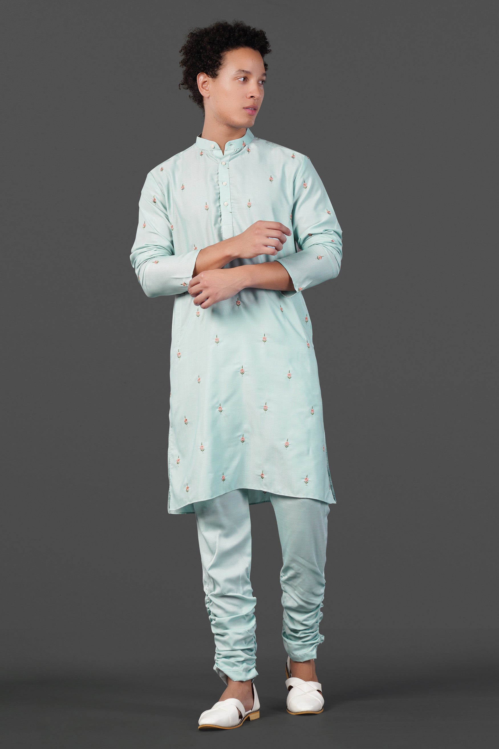 Celeste Blue Floral Embroidered Viscose Designer Kurta