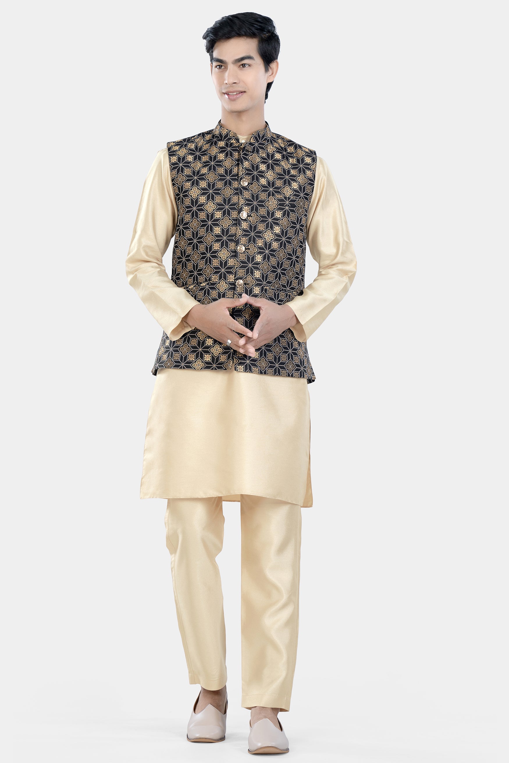 Almond Brown Kurta Set with Cinder Black and Tan Brown Geometric Jacquard Textured Designer Nehru Jacket KPNJ001-44,  KPNJ001-46,  KPNJ001-48,  KPNJ001-50,  KPNJ001-52,  KPNJ001-54,  KPNJ001-56,  KPNJ001-58,  KPNJ001-60