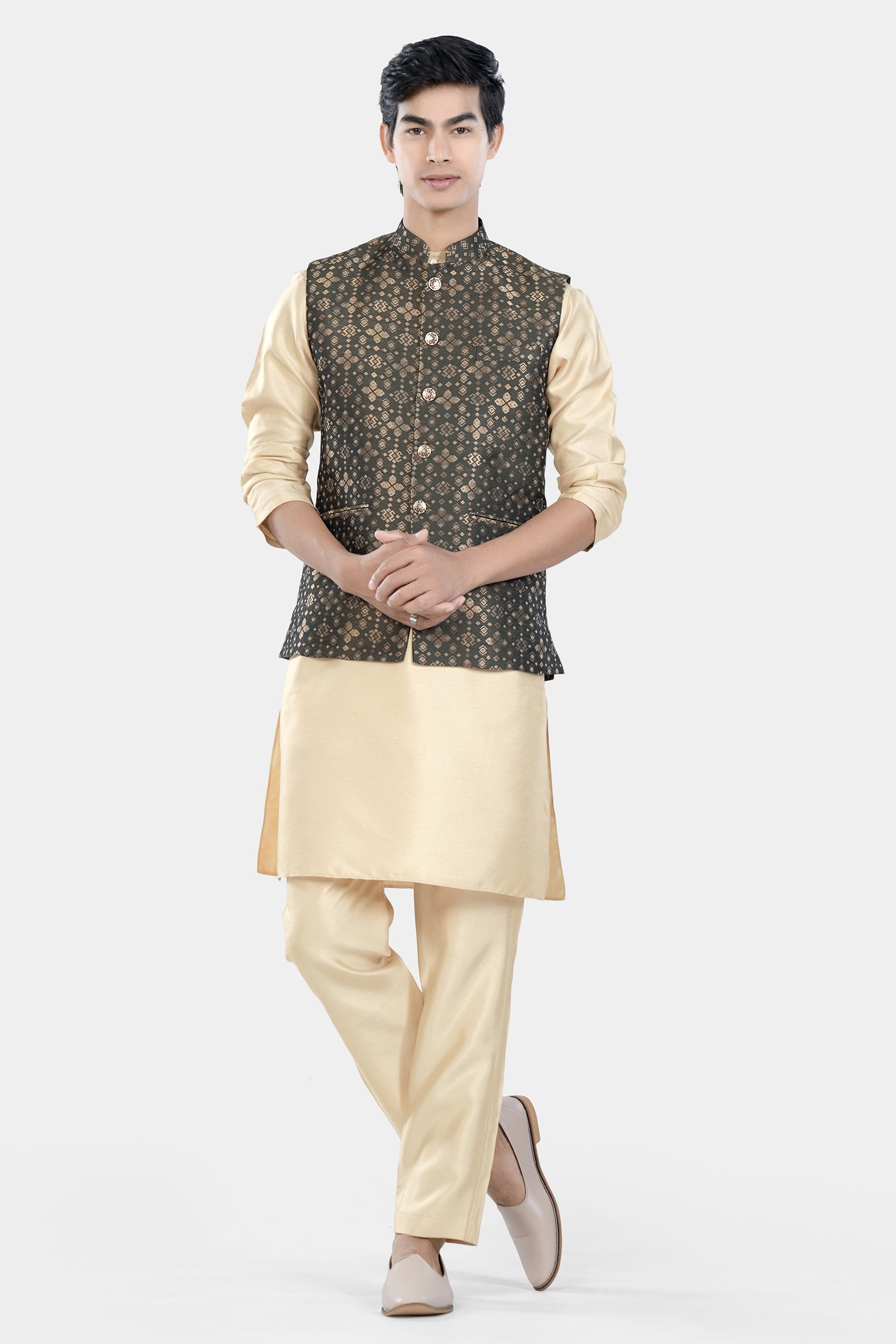 Almond Brown Kurta Set with Fuscous Green and Mongoose Brown Floral Jacquard Textured Designer Nehru Jacket KPNJ004-44,  KPNJ004-46,  KPNJ004-48,  KPNJ004-50,  KPNJ004-52,  KPNJ004-54,  KPNJ004-56,  KPNJ004-58,  KPNJ004-60