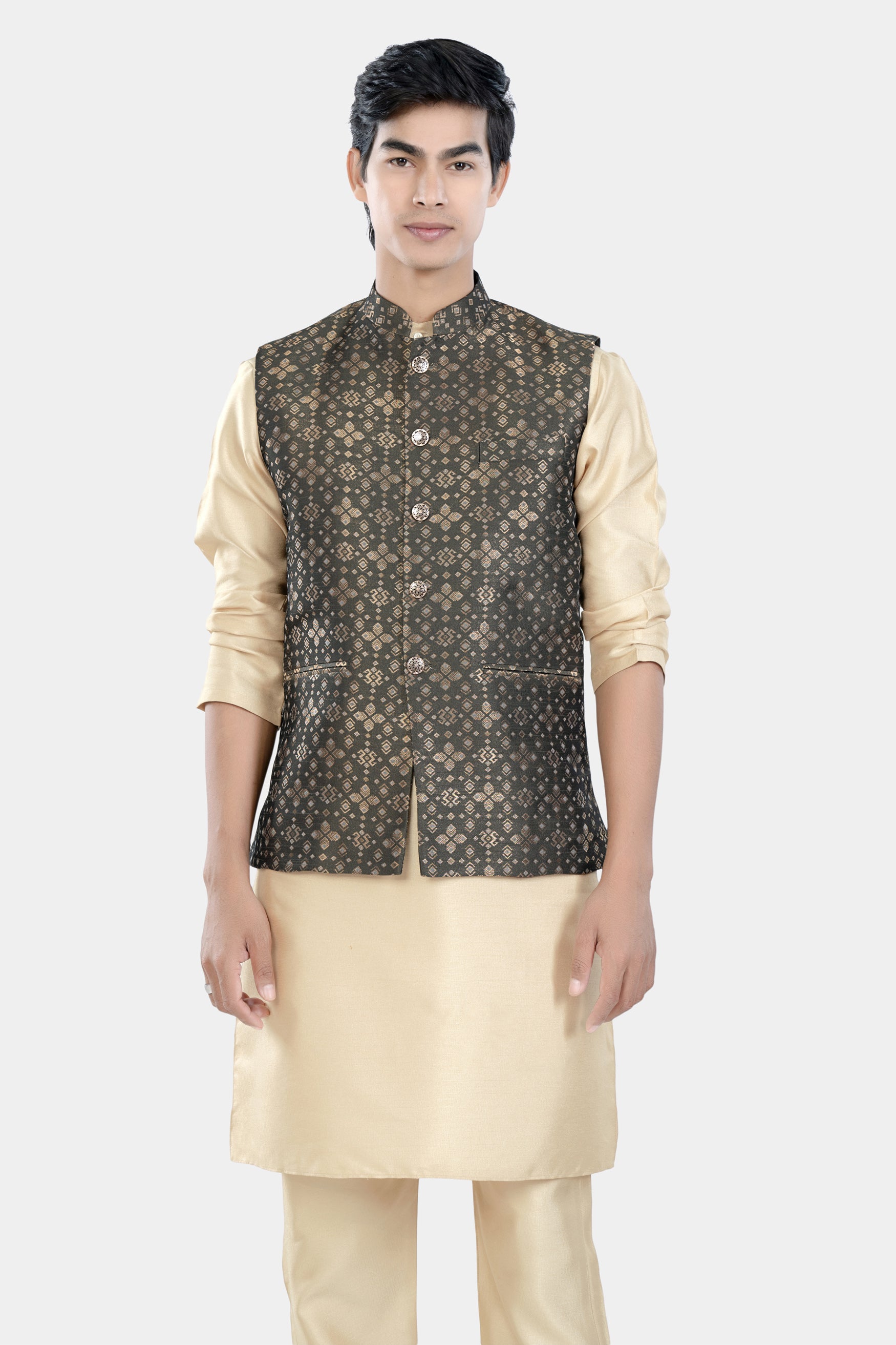 Almond Brown Kurta Set with Fuscous Green and Mongoose Brown Floral Jacquard Textured Designer Nehru Jacket KPNJ004-44, KPNJ004-46, KPNJ004-48, KPNJ004-50, KPNJ004-52, KPNJ004-54, KPNJ004-56, KPNJ004-58, KPNJ004-60