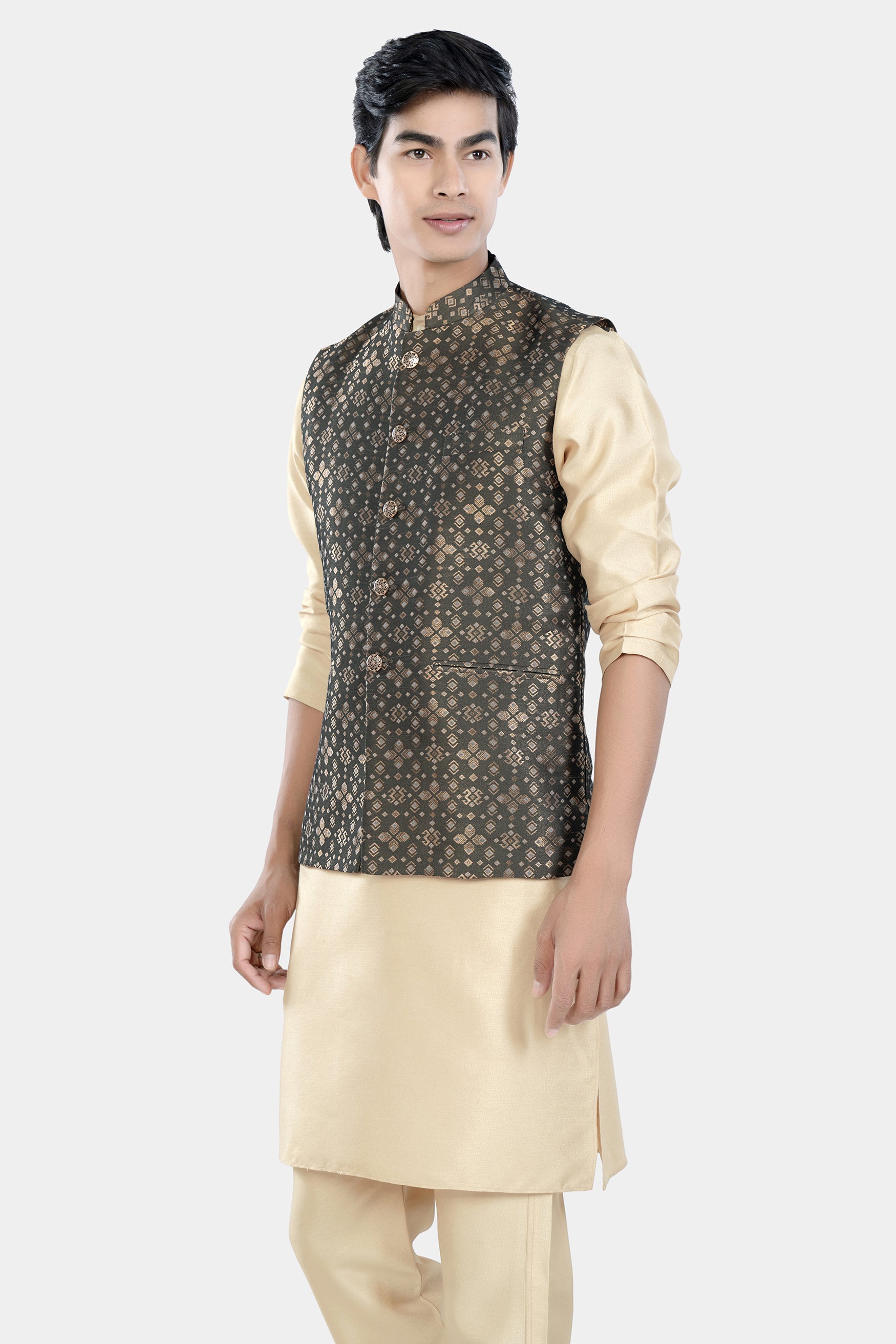 Almond Brown Kurta Set with Fuscous Green and Mongoose Brown Floral Jacquard Textured Designer Nehru Jacket KPNJ004-44, KPNJ004-46, KPNJ004-48, KPNJ004-50, KPNJ004-52, KPNJ004-54, KPNJ004-56, KPNJ004-58, KPNJ004-60