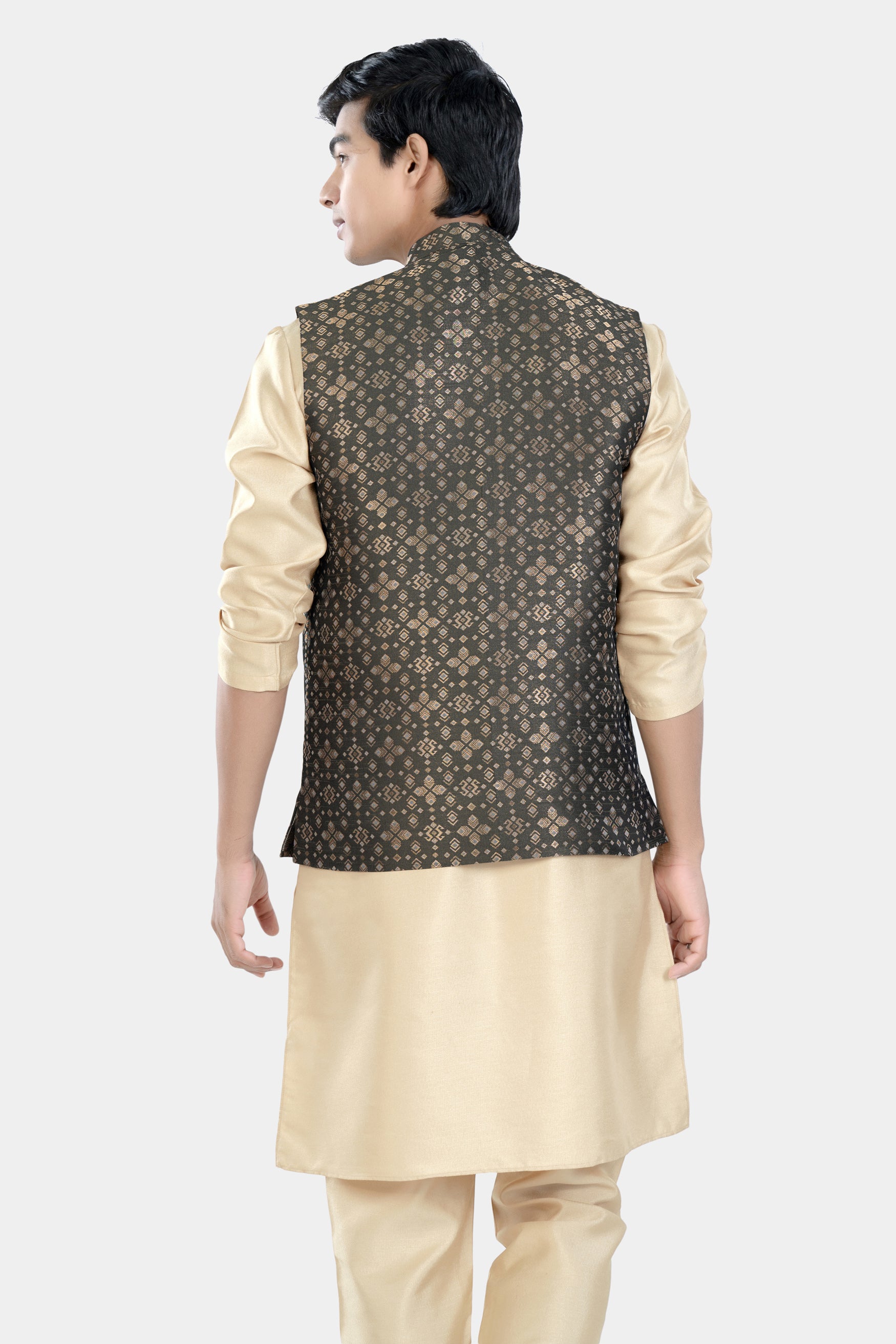 Almond Brown Kurta Set with Fuscous Green and Mongoose Brown Floral Jacquard Textured Designer Nehru Jacket KPNJ004-44, KPNJ004-46, KPNJ004-48, KPNJ004-50, KPNJ004-52, KPNJ004-54, KPNJ004-56, KPNJ004-58, KPNJ004-60