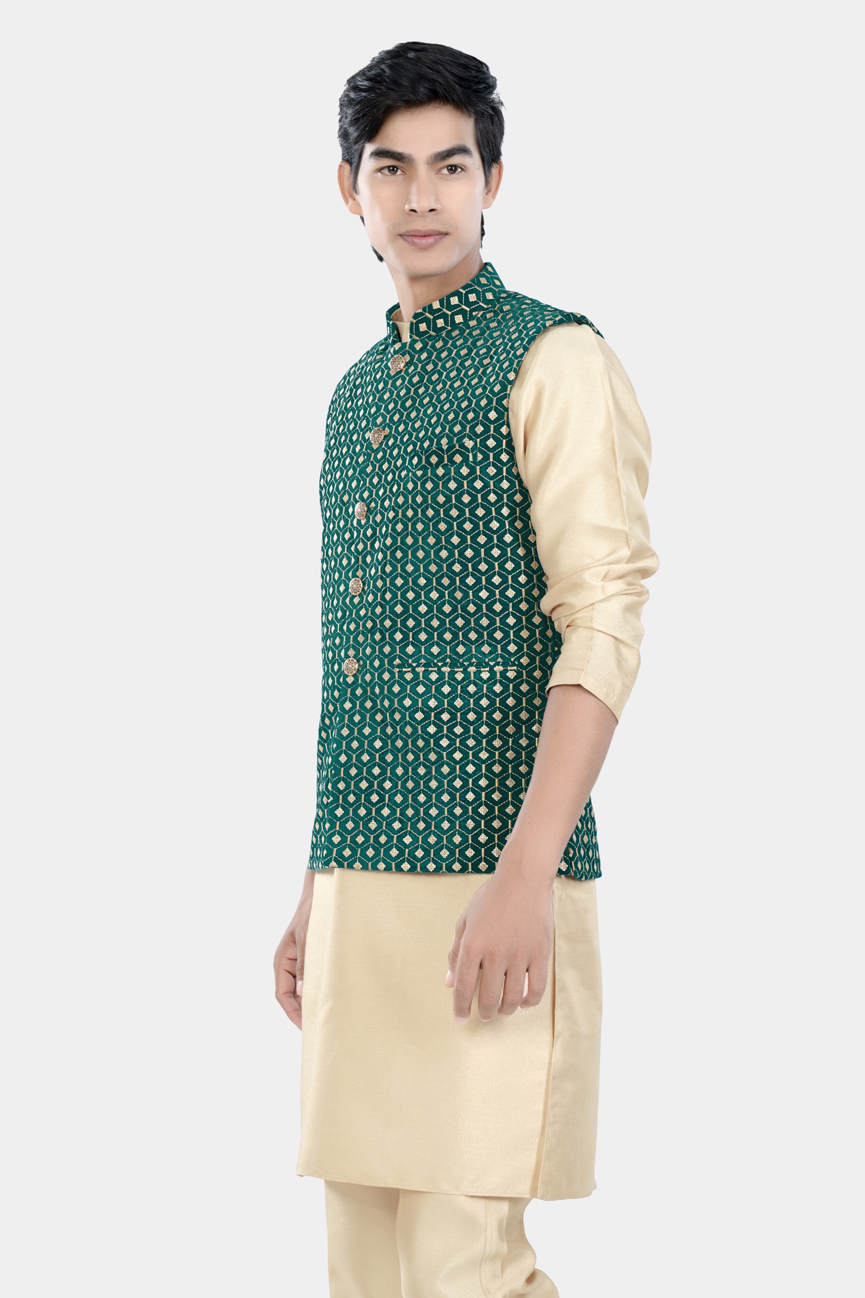 Almond Brown Kurta Set with Sherpa Green and Givry Cream Hexagon Sequin and Thread Embroidered Designer Nehru Jacket KPNJ005-44, KPNJ005-46, KPNJ005-48, KPNJ005-50, KPNJ005-52, KPNJ005-54, KPNJ005-56, KPNJ005-58, KPNJ005-60