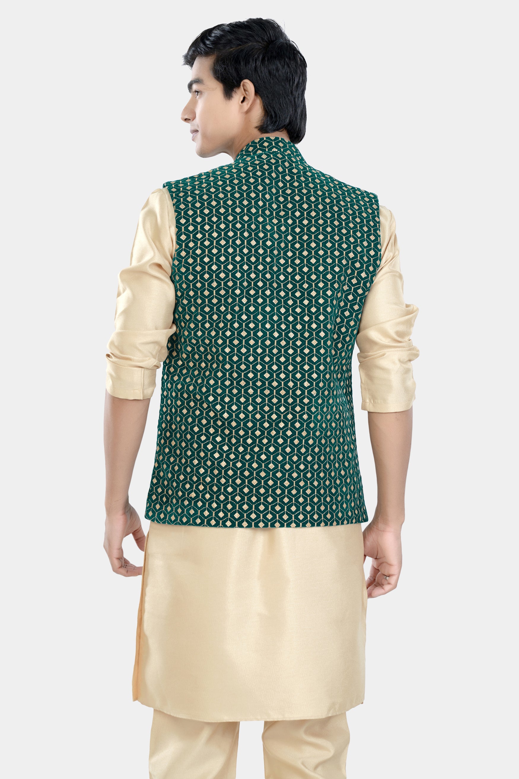 Almond Brown Kurta Set with Sherpa Green and Givry Cream Hexagon Sequin and Thread Embroidered Designer Nehru Jacket KPNJ005-44, KPNJ005-46, KPNJ005-48, KPNJ005-50, KPNJ005-52, KPNJ005-54, KPNJ005-56, KPNJ005-58, KPNJ005-60
