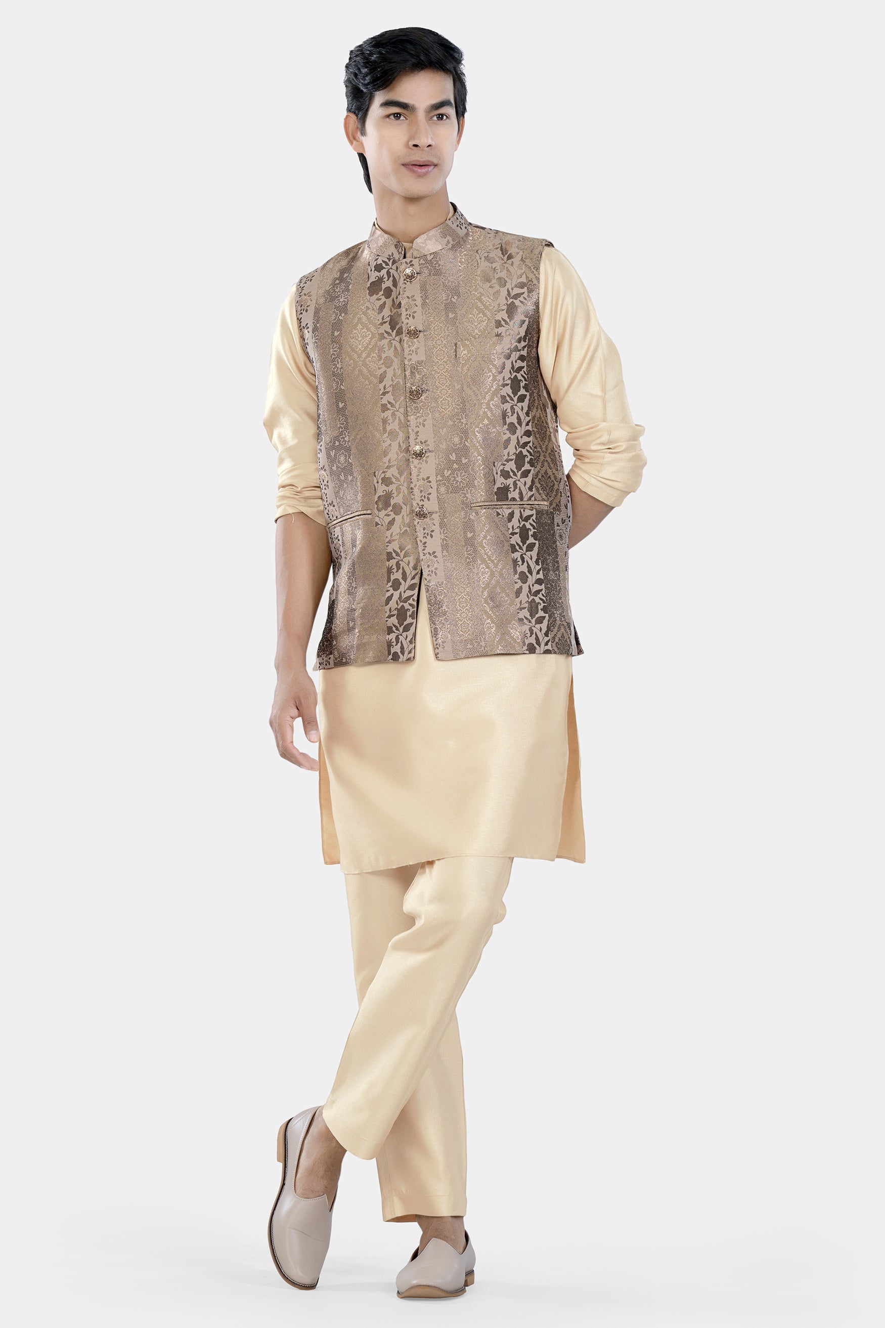 Almond Brown Kurta Set with Cashmere and Sandrift Brown Floral Jacquard Textured Designer Nehru Jacket KPNJ009-44,  KPNJ009-46,  KPNJ009-48,  KPNJ009-50,  KPNJ009-52,  KPNJ009-54,  KPNJ009-56,  KPNJ009-58,  KPNJ009-60