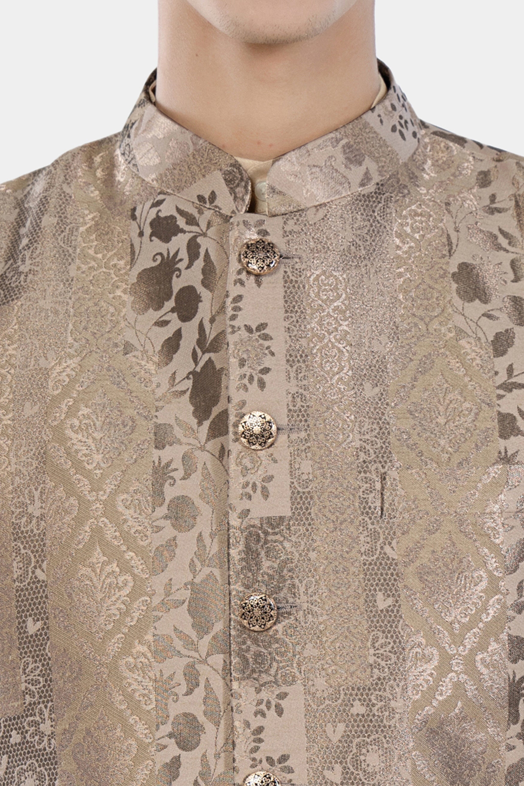 Almond Brown Kurta Set with Cashmere and Sandrift Brown Floral Jacquard Textured Designer Nehru Jacket KPNJ009-44, KPNJ009-46, KPNJ009-48, KPNJ009-50, KPNJ009-52, KPNJ009-54, KPNJ009-56, KPNJ009-58, KPNJ009-60