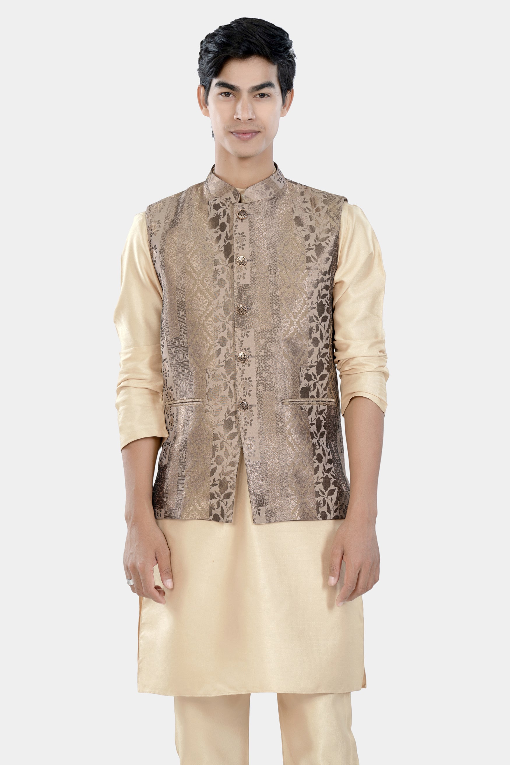 Almond Brown Kurta Set with Cashmere and Sandrift Brown Floral Jacquard Textured Designer Nehru Jacket KPNJ009-44, KPNJ009-46, KPNJ009-48, KPNJ009-50, KPNJ009-52, KPNJ009-54, KPNJ009-56, KPNJ009-58, KPNJ009-60