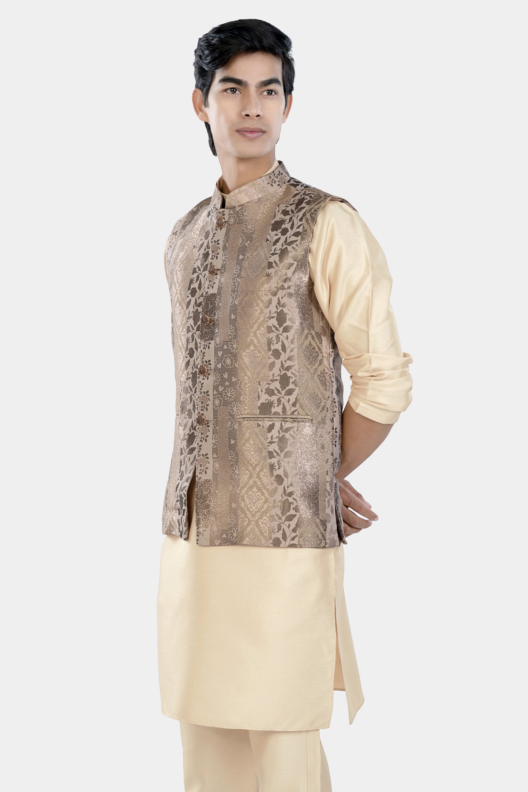 Almond Brown Kurta Set with Cashmere and Sandrift Brown Floral Jacquard Textured Designer Nehru Jacket KPNJ009-44, KPNJ009-46, KPNJ009-48, KPNJ009-50, KPNJ009-52, KPNJ009-54, KPNJ009-56, KPNJ009-58, KPNJ009-60