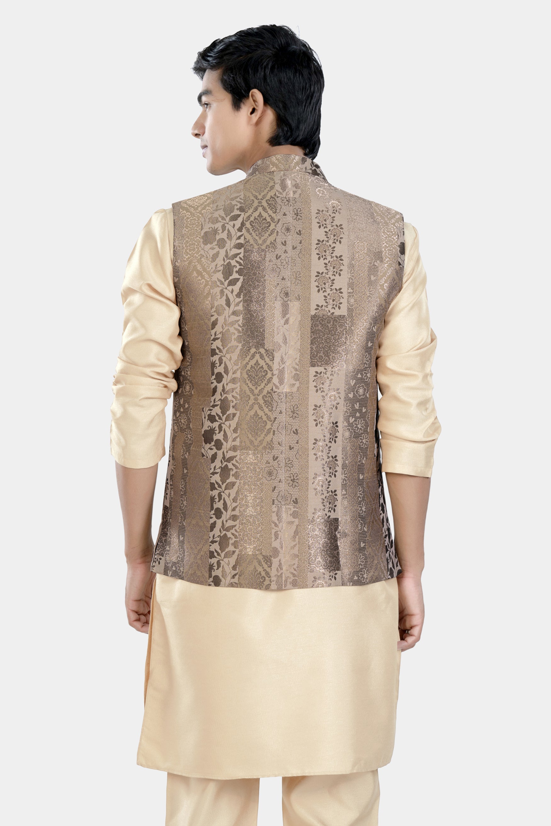 Almond Brown Kurta Set with Cashmere and Sandrift Brown Floral Jacquard Textured Designer Nehru Jacket KPNJ009-44, KPNJ009-46, KPNJ009-48, KPNJ009-50, KPNJ009-52, KPNJ009-54, KPNJ009-56, KPNJ009-58, KPNJ009-60