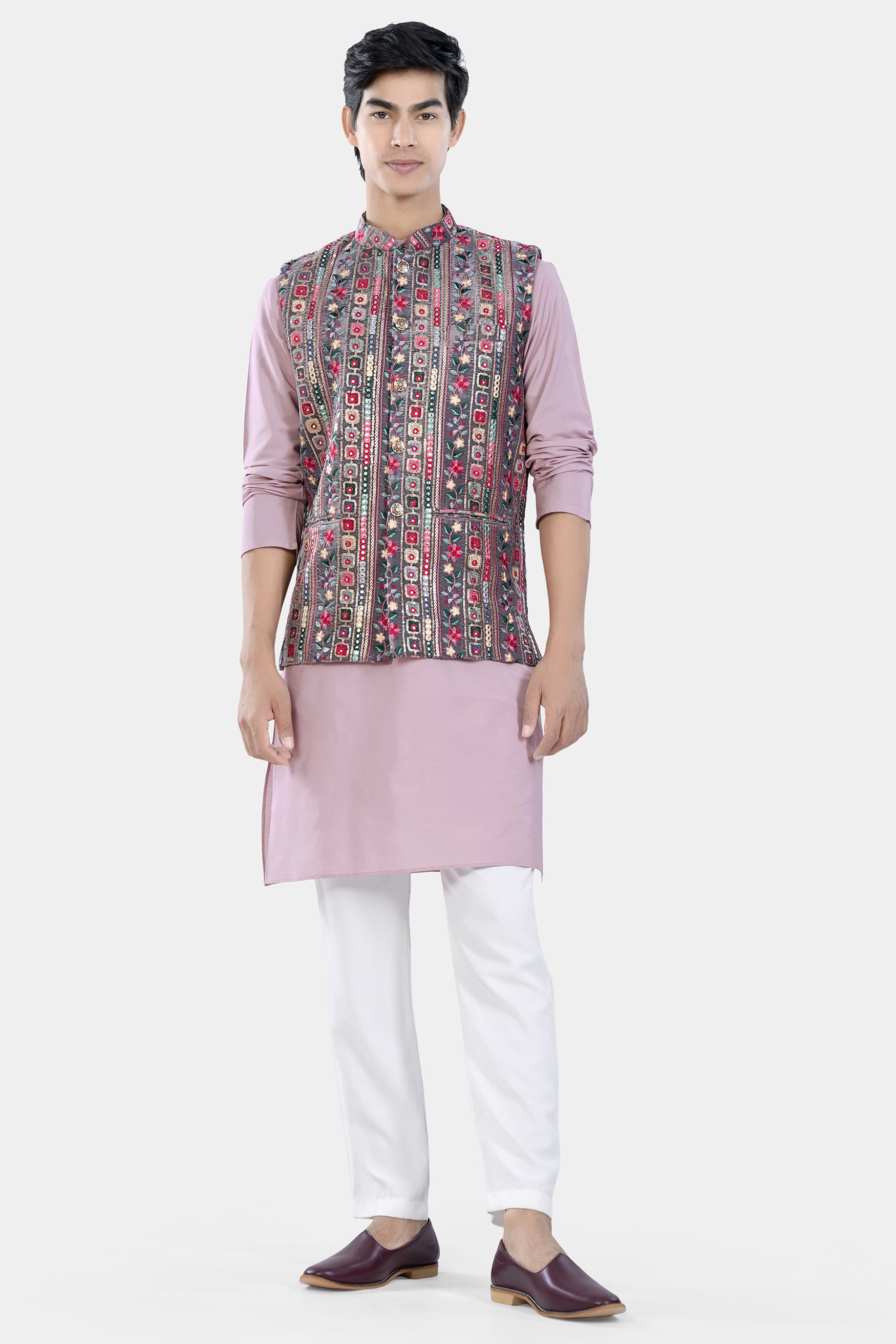 Thistle Pink Kurta Set with Fedora Gray and Carmine Pink Thread and Sequin Embroidered with Mirrorwork Designer Nehru Jacket KPNJ012-44,  KPNJ012-46,  KPNJ012-48,  KPNJ012-50,  KPNJ012-52,  KPNJ012-54,  KPNJ012-56,  KPNJ012-58,  KPNJ012-60