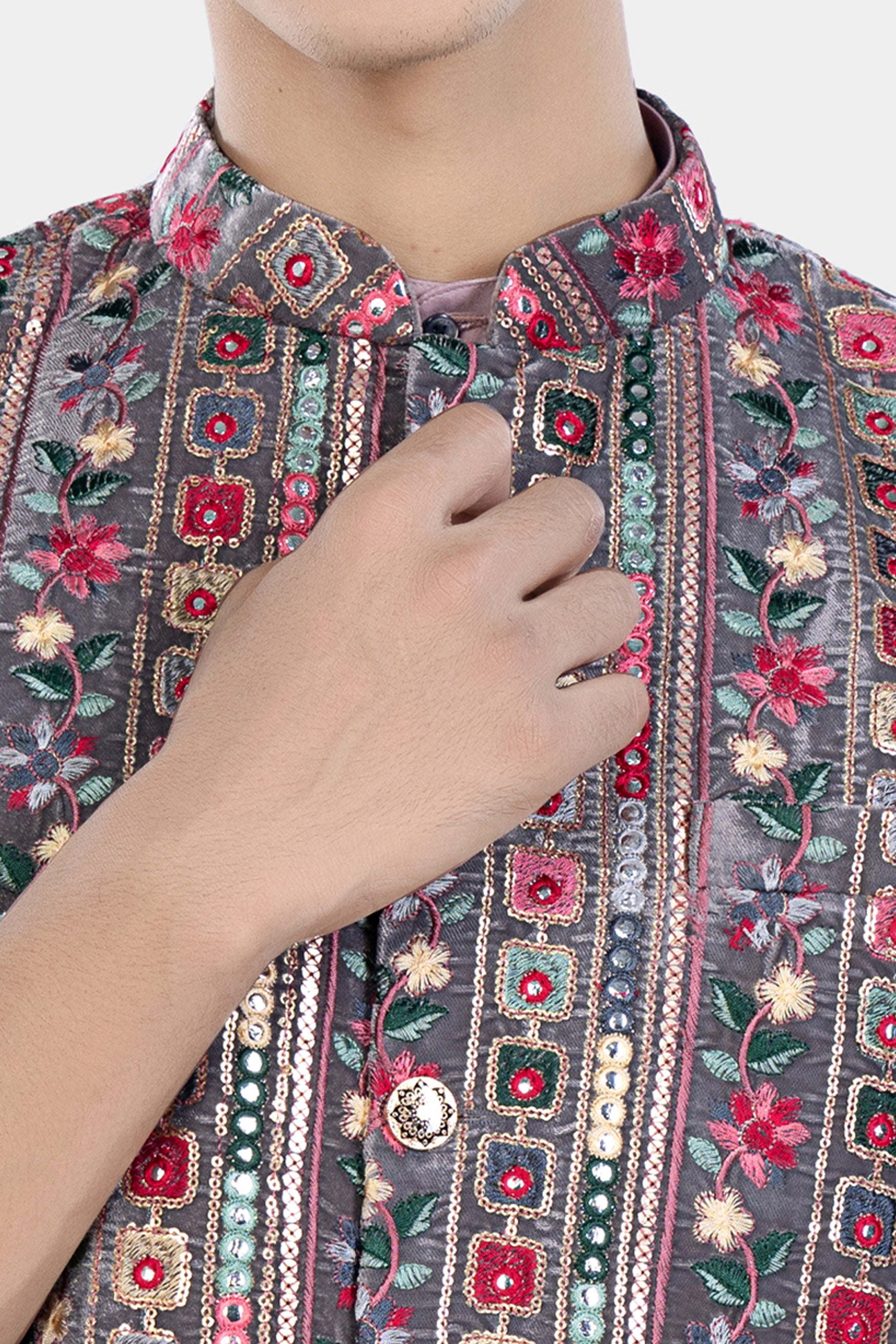 Thistle Pink Kurta Set with Fedora Gray and Carmine Pink Thread and Sequin Embroidered with Mirrorwork Designer Nehru Jacket KPNJ012-44, KPNJ012-46, KPNJ012-48, KPNJ012-50, KPNJ012-52, KPNJ012-54, KPNJ012-56, KPNJ012-58, KPNJ012-60