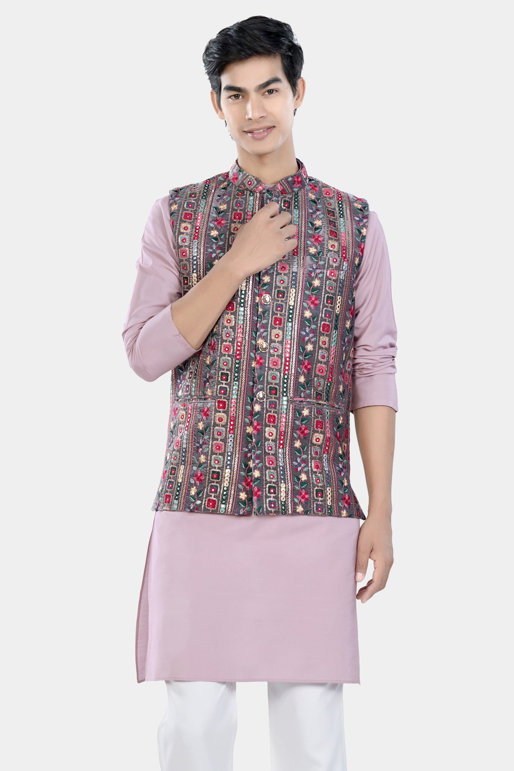 Thistle Pink Kurta Set with Fedora Gray and Carmine Pink Thread and Sequin Embroidered with Mirrorwork Designer Nehru Jacket KPNJ012-44, KPNJ012-46, KPNJ012-48, KPNJ012-50, KPNJ012-52, KPNJ012-54, KPNJ012-56, KPNJ012-58, KPNJ012-60