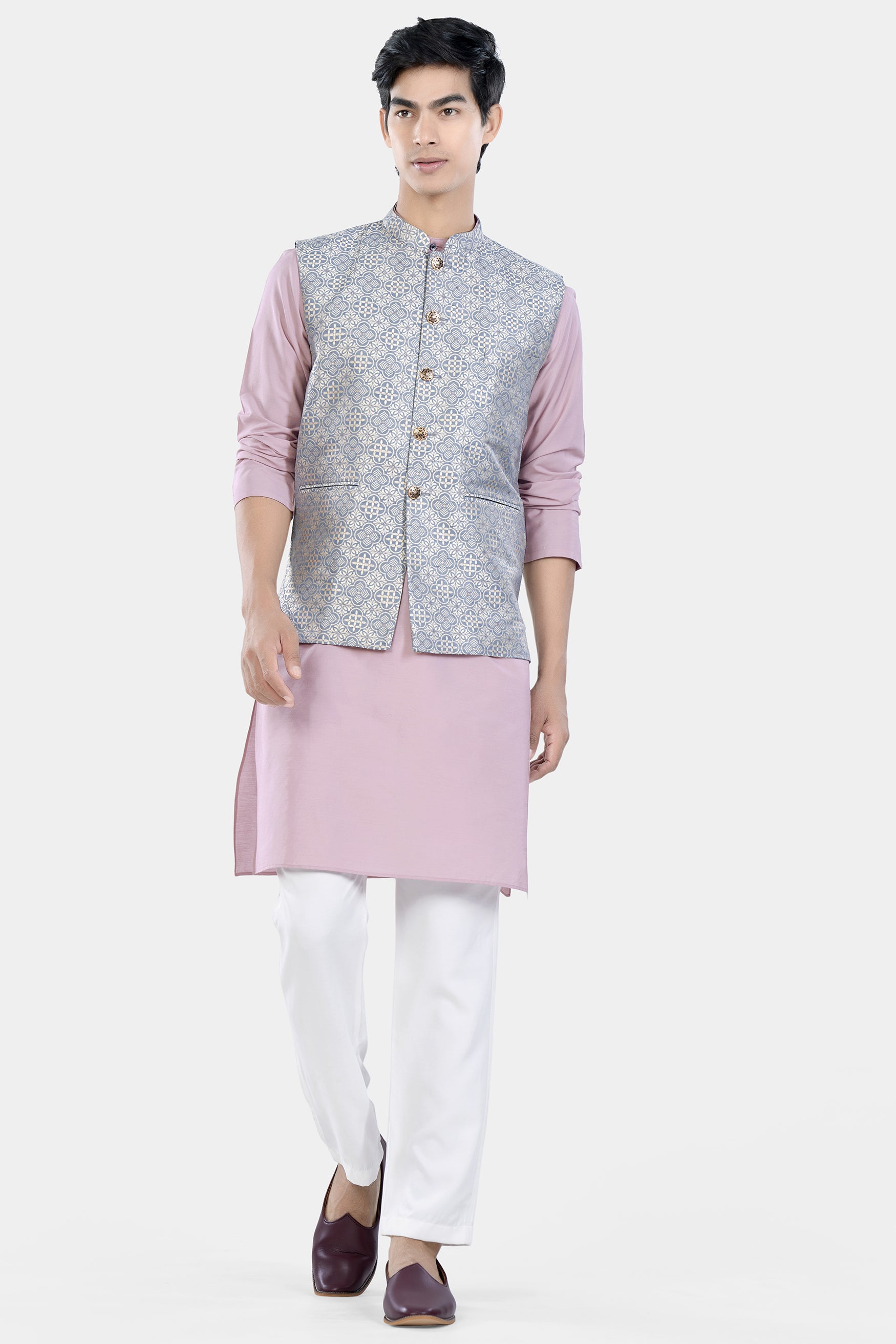 Thistle Pink Kurta Set with Cadet Blue and White Moroccan Jacquard Textured Designer Nehru Jacket KPNJ014-44,  KPNJ014-46,  KPNJ014-48,  KPNJ014-50,  KPNJ014-52,  KPNJ014-54,  KPNJ014-56,  KPNJ014-58,  KPNJ014-60