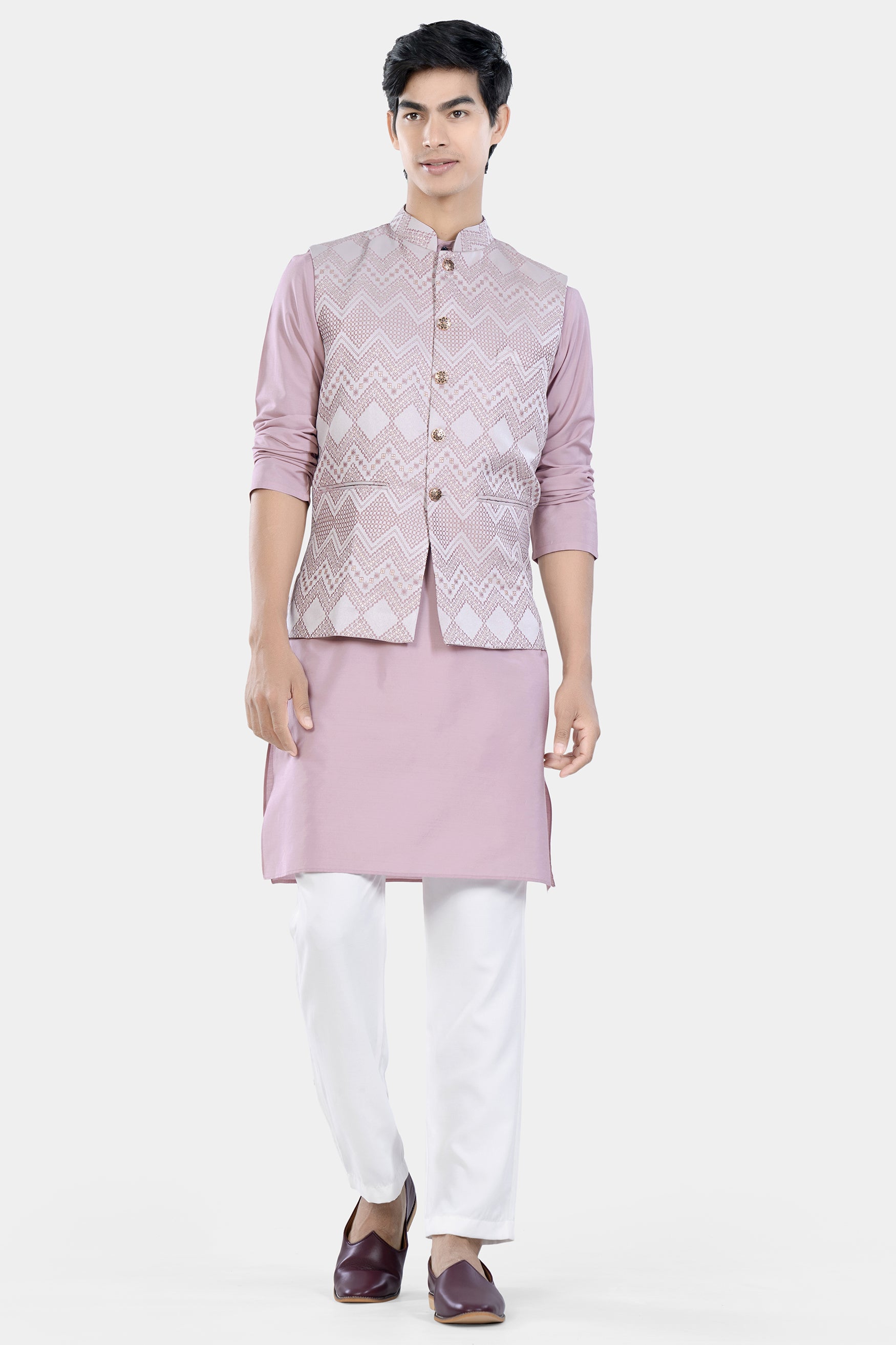 Thistle Pink Kurta Set with Blossom Pink Chevron Thread Embroidered Designer Nehru Jacket KPNJ015-44,  KPNJ015-46,  KPNJ015-48,  KPNJ015-50,  KPNJ015-52,  KPNJ015-54,  KPNJ015-56,  KPNJ015-58,  KPNJ015-60