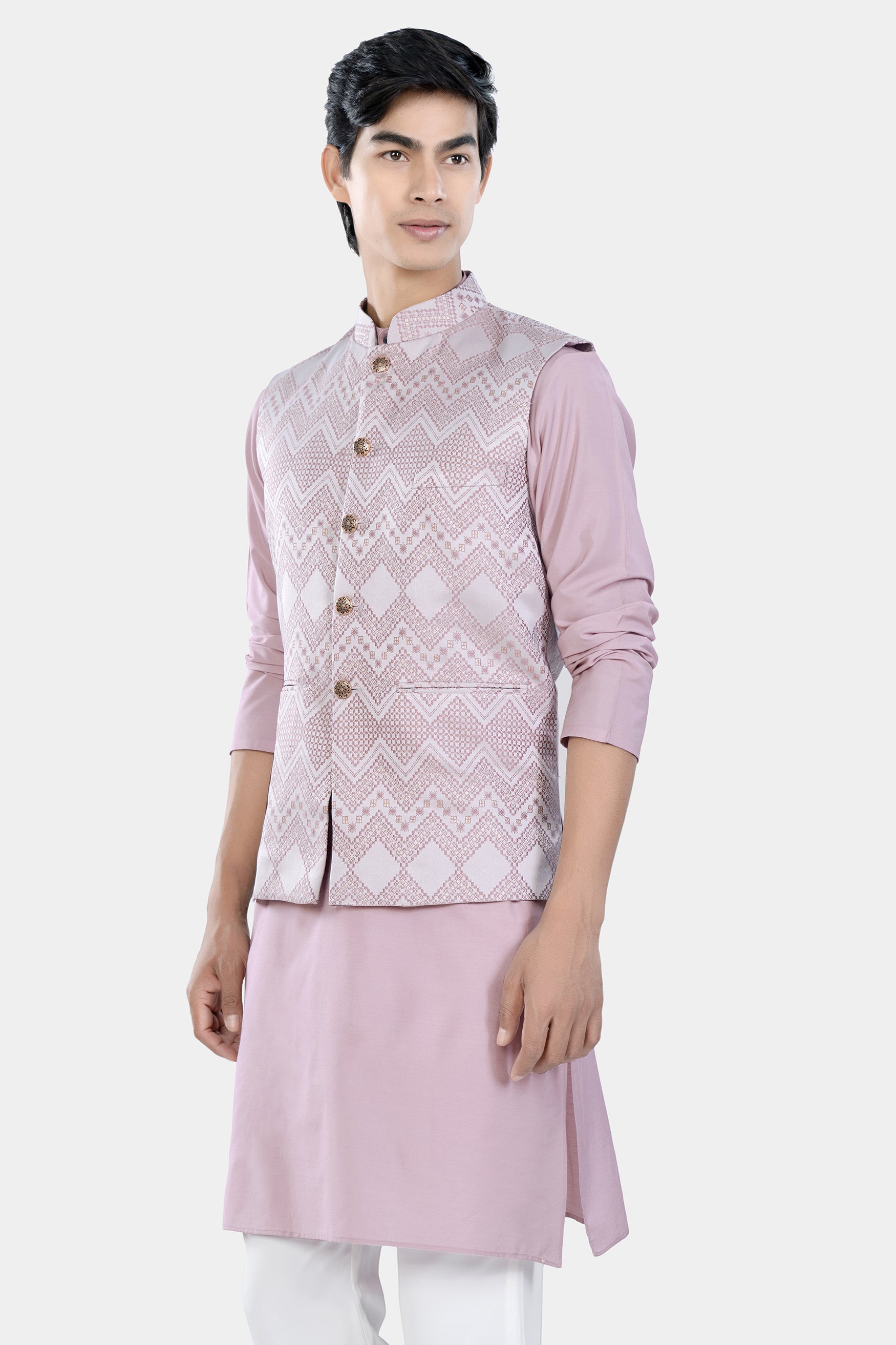 Thistle Pink Kurta Set with Blossom Pink Chevron Thread Embroidered Designer Nehru Jacket KPNJ015-44, KPNJ015-46, KPNJ015-48, KPNJ015-50, KPNJ015-52, KPNJ015-54, KPNJ015-56, KPNJ015-58, KPNJ015-60