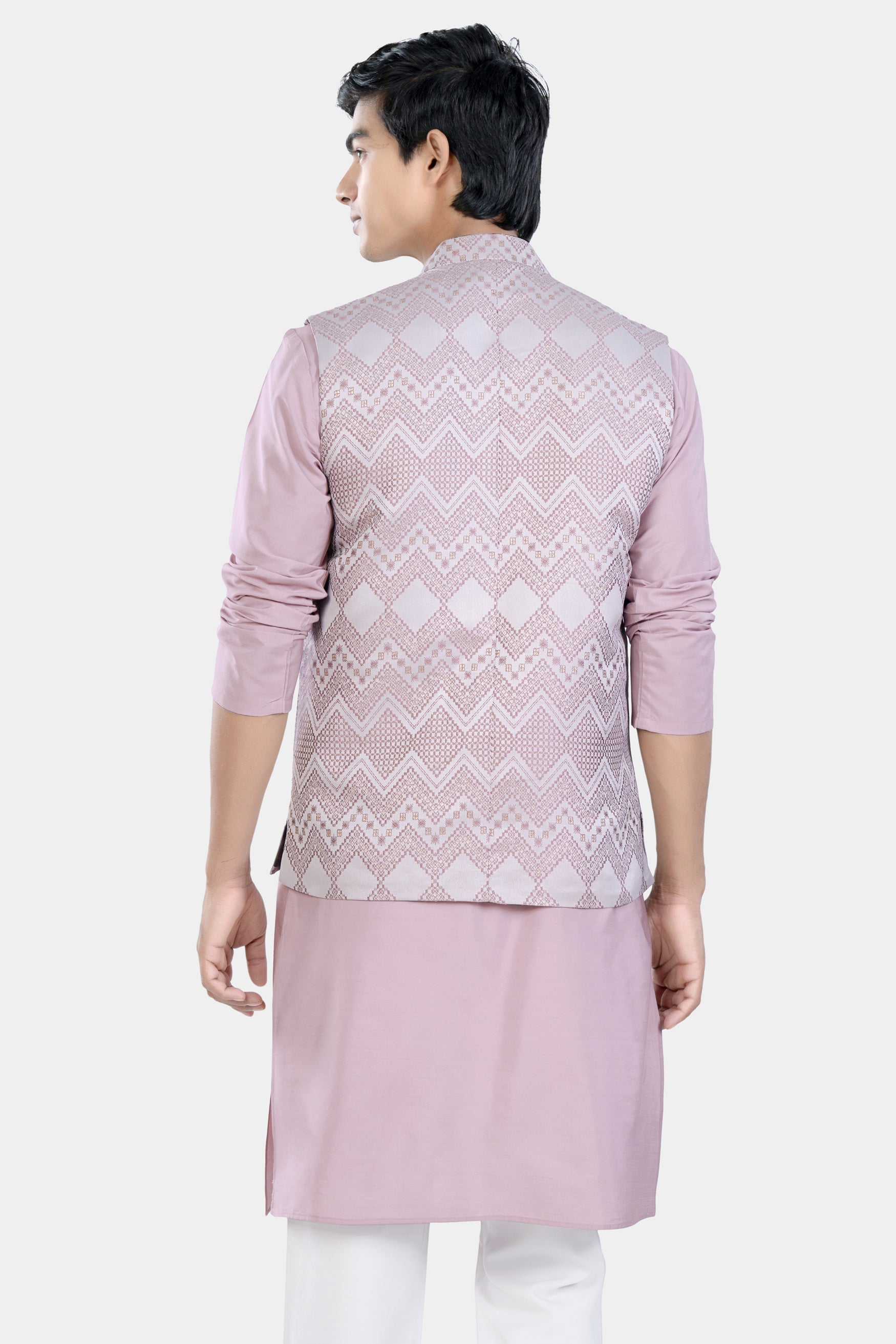 Thistle Pink Kurta Set with Blossom Pink Chevron Thread Embroidered Designer Nehru Jacket KPNJ015-44, KPNJ015-46, KPNJ015-48, KPNJ015-50, KPNJ015-52, KPNJ015-54, KPNJ015-56, KPNJ015-58, KPNJ015-60