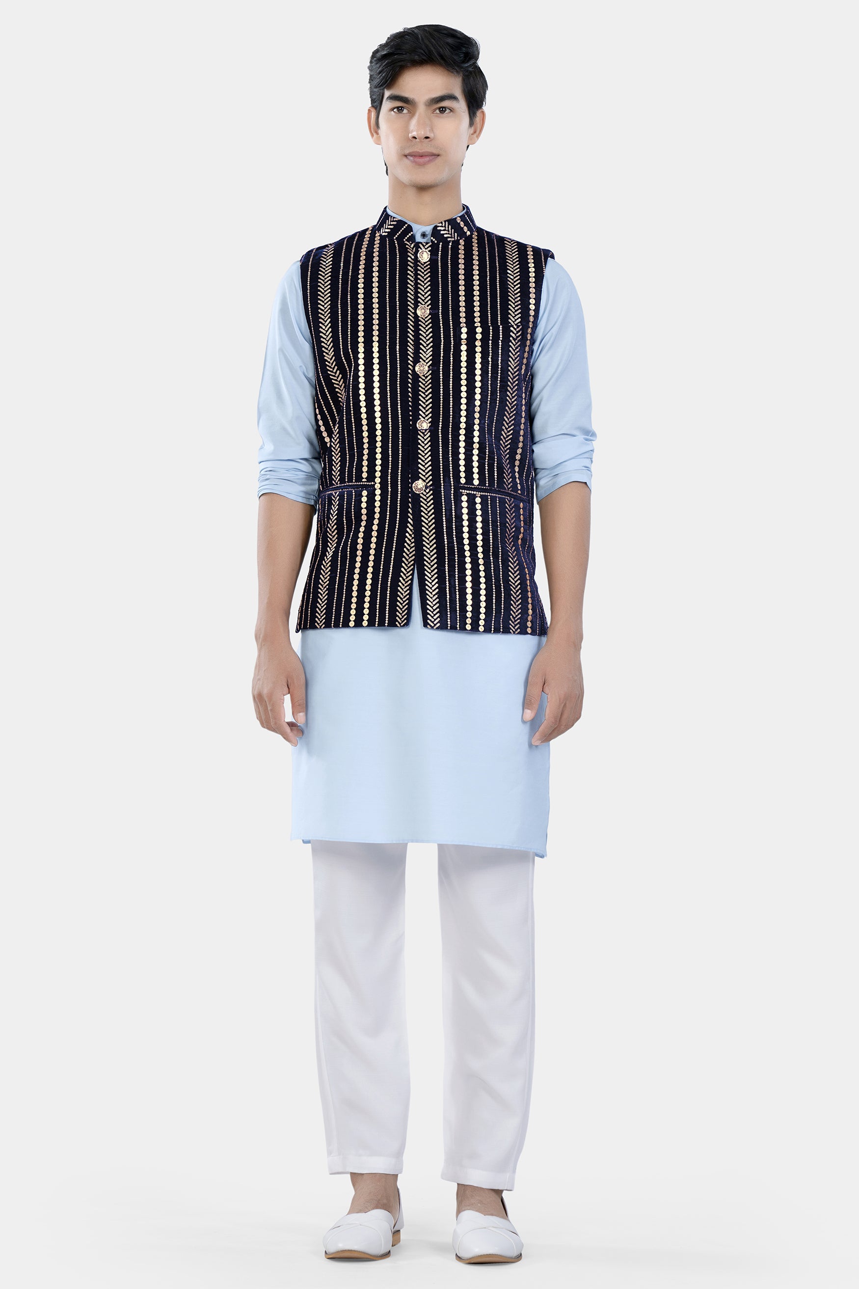 Tropical Blue Kurta Set with Stratos Blue Vertical Sequin Embroidered Designer Nehru Jacket KPNJ019-44,  KPNJ019-46,  KPNJ019-48,  KPNJ019-50,  KPNJ019-52,  KPNJ019-54,  KPNJ019-56,  KPNJ019-58,  KPNJ019-60