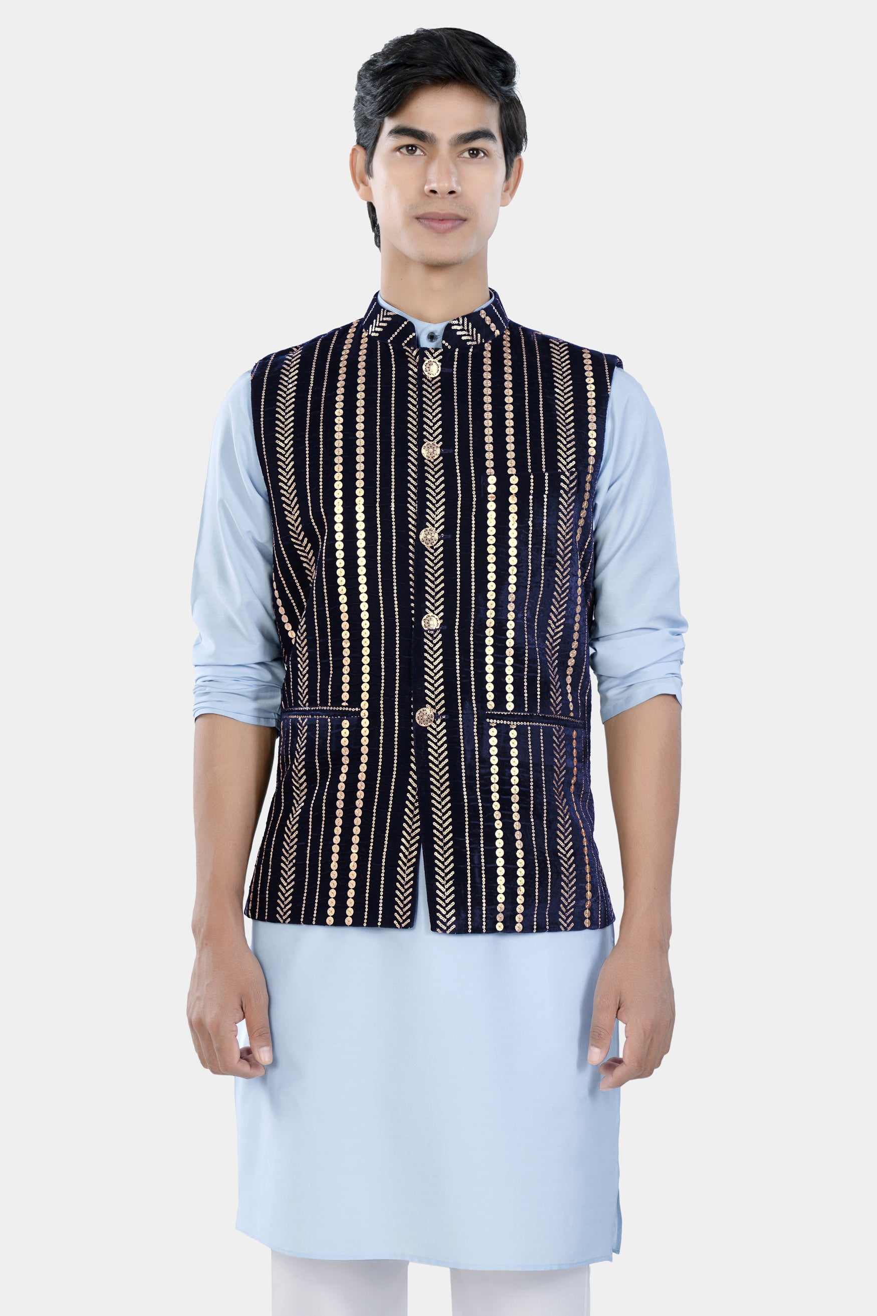 Tropical Blue Kurta Set with Stratos Blue Vertical Sequin Embroidered Designer Nehru Jacket KPNJ019-44,  KPNJ019-46,  KPNJ019-48,  KPNJ019-50,  KPNJ019-52,  KPNJ019-54,  KPNJ019-56,  KPNJ019-58,  KPNJ019-60