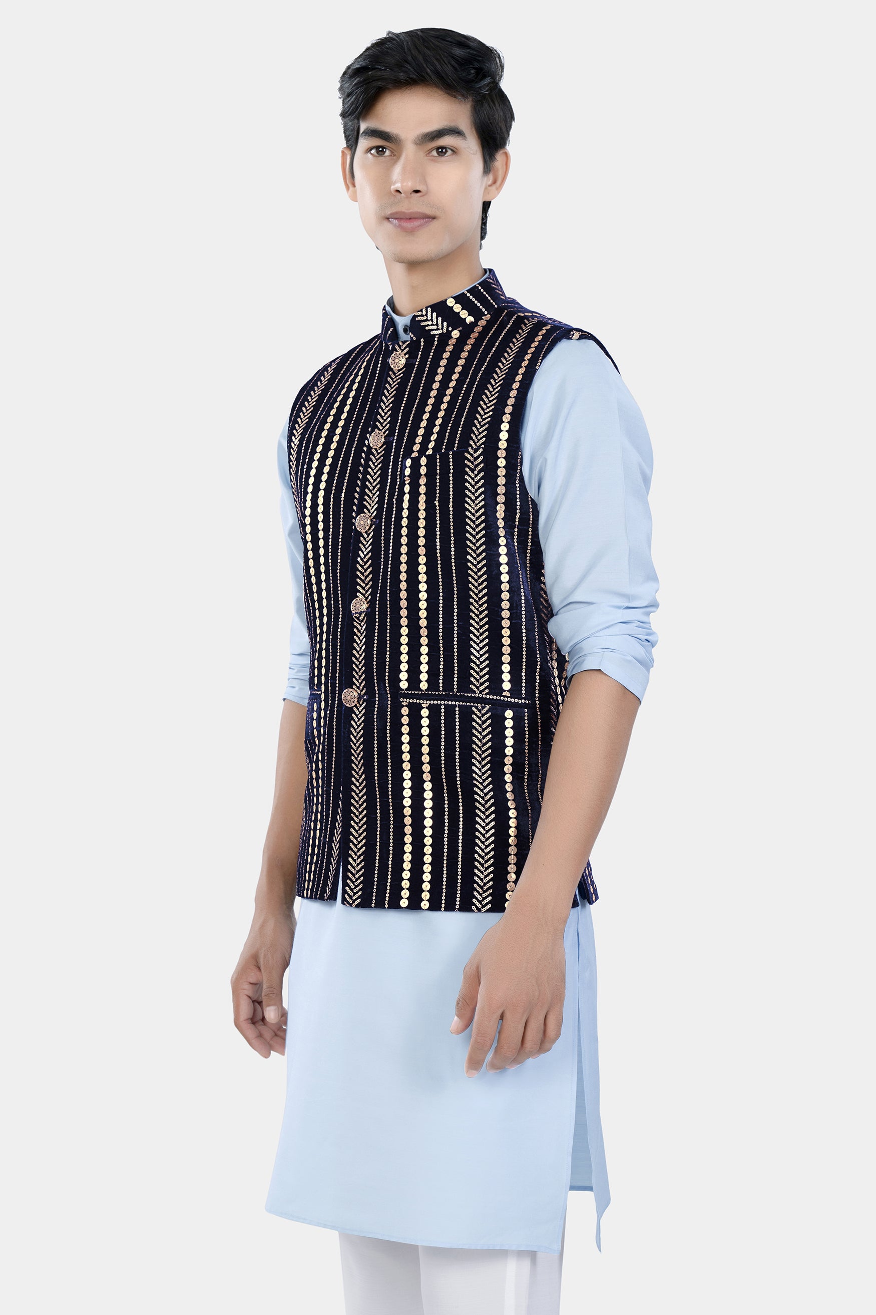 Tropical Blue Kurta Set with Stratos Blue Vertical Sequin Embroidered Designer Nehru Jacket KPNJ019-44,  KPNJ019-46,  KPNJ019-48,  KPNJ019-50,  KPNJ019-52,  KPNJ019-54,  KPNJ019-56,  KPNJ019-58,  KPNJ019-60