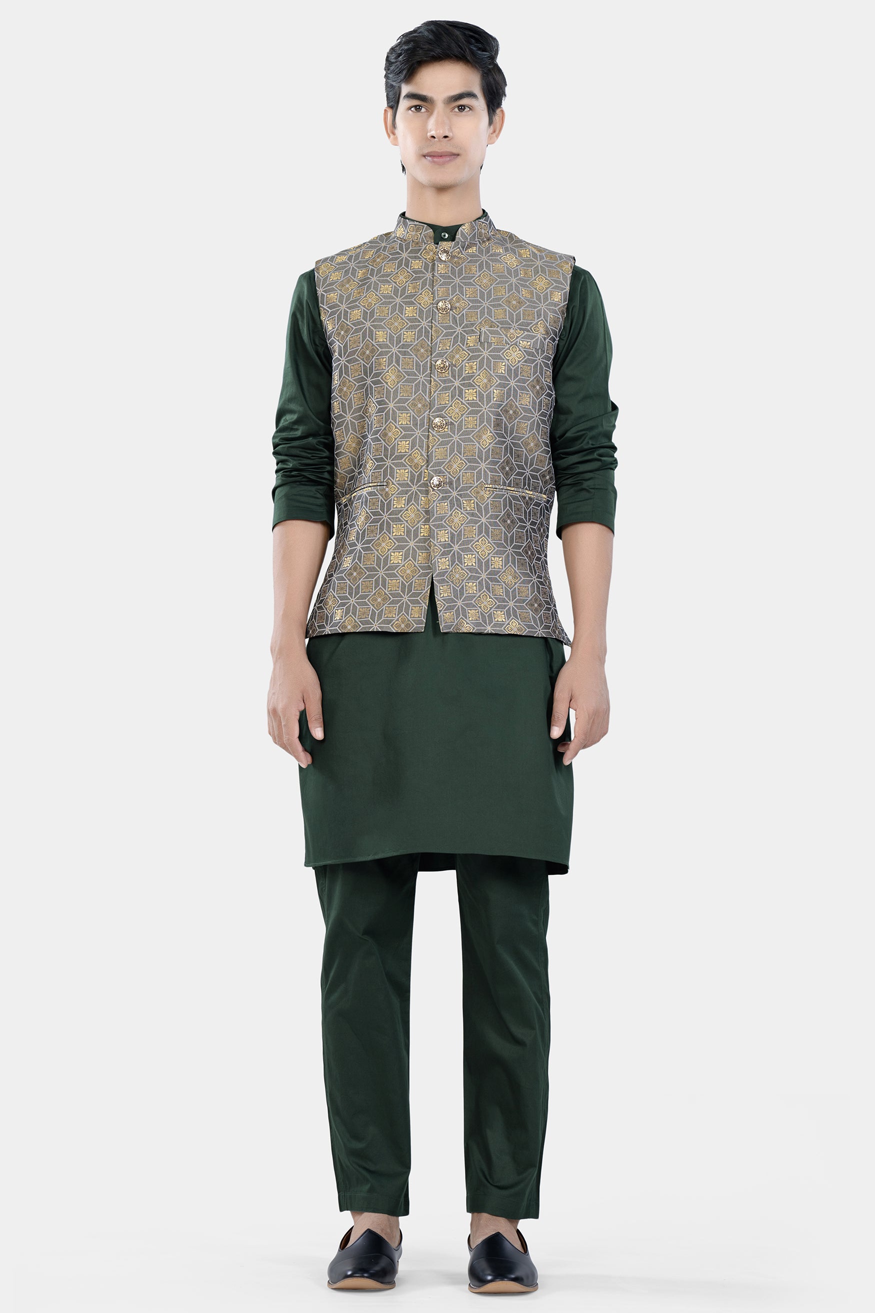 Timber Green Kurta Set with Sorrell Brown and Schooner Gray Geometric Jacquard Textured Designer Nehru Jacket KPNJ021-44,  KPNJ021-46,  KPNJ021-48,  KPNJ021-50,  KPNJ021-52,  KPNJ021-54,  KPNJ021-56,  KPNJ021-58,  KPNJ021-60