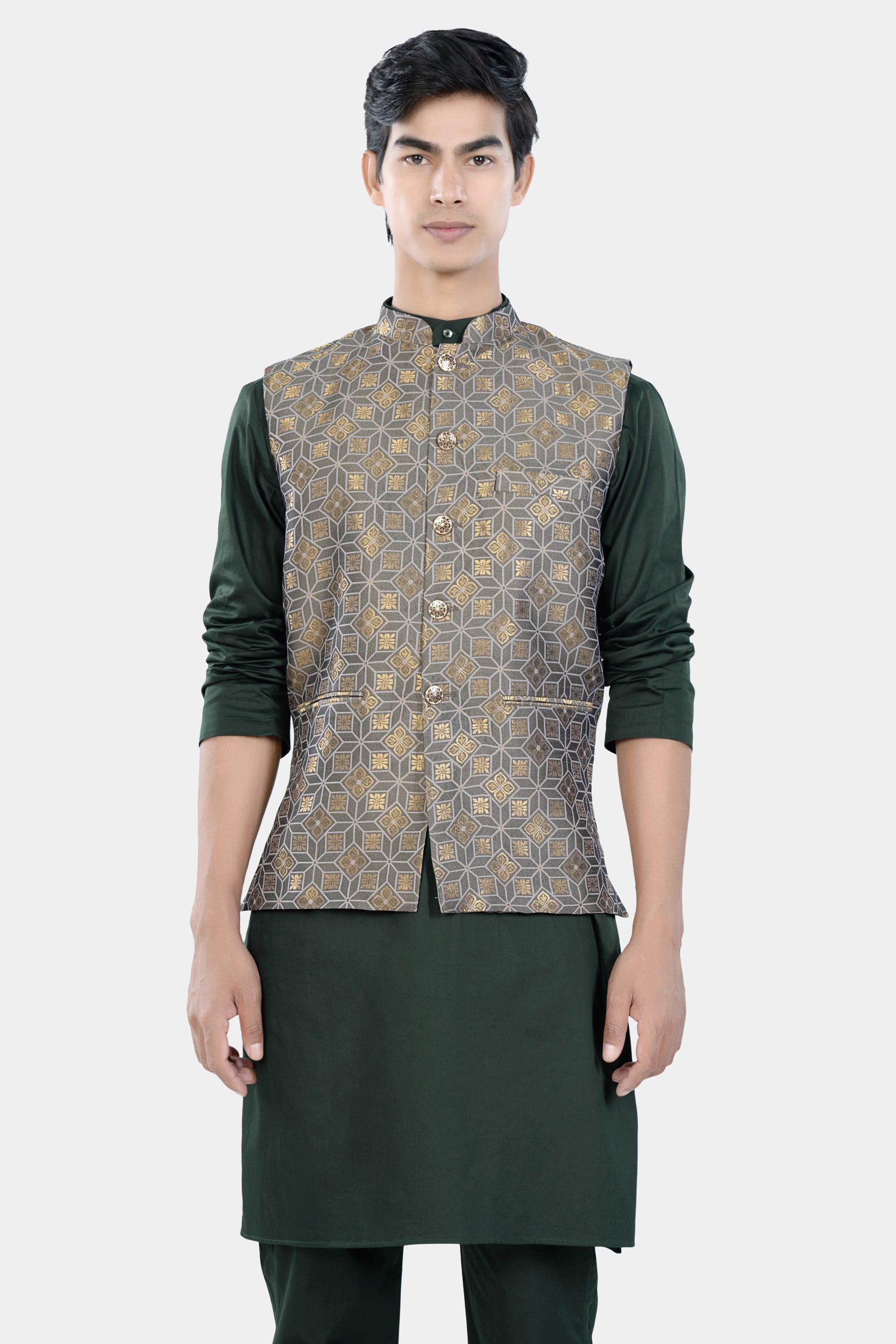 Timber Green Kurta Set with Sorrell Brown and Schooner Gray Geometric Jacquard Textured Designer Nehru Jacket KPNJ021-44, KPNJ021-46, KPNJ021-48, KPNJ021-50, KPNJ021-52, KPNJ021-54, KPNJ021-56, KPNJ021-58, KPNJ021-60
