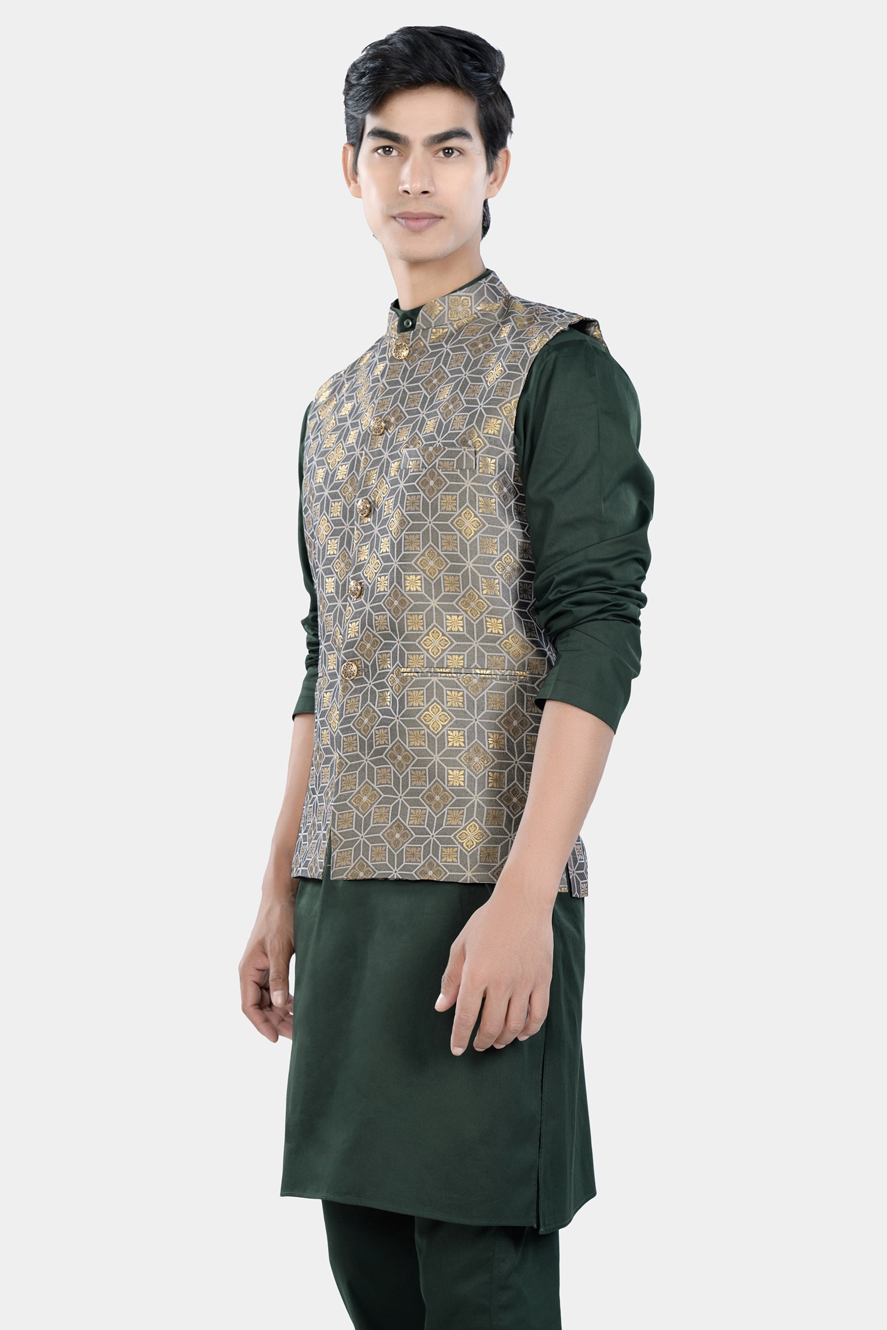 Timber Green Kurta Set with Sorrell Brown and Schooner Gray Geometric Jacquard Textured Designer Nehru Jacket KPNJ021-44, KPNJ021-46, KPNJ021-48, KPNJ021-50, KPNJ021-52, KPNJ021-54, KPNJ021-56, KPNJ021-58, KPNJ021-60