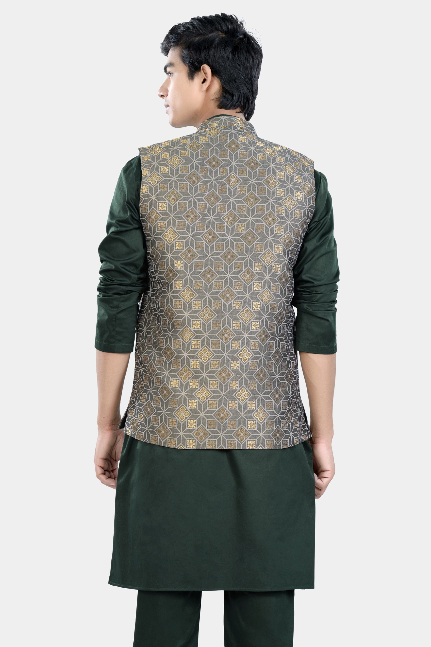 Timber Green Kurta Set with Sorrell Brown and Schooner Gray Geometric Jacquard Textured Designer Nehru Jacket KPNJ021-44, KPNJ021-46, KPNJ021-48, KPNJ021-50, KPNJ021-52, KPNJ021-54, KPNJ021-56, KPNJ021-58, KPNJ021-60