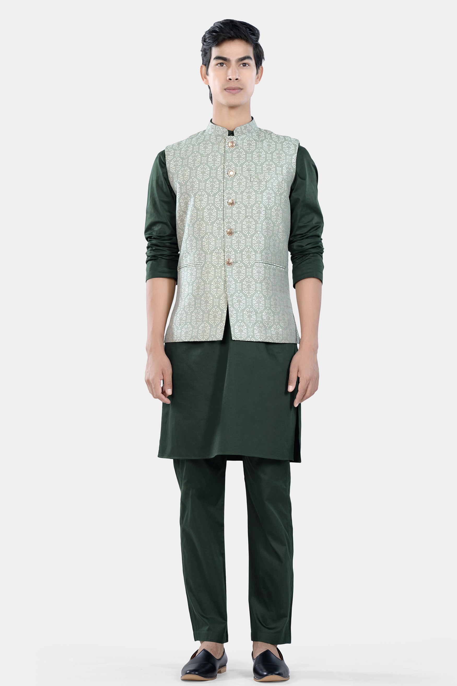 Timber Green Kurta Set with Pumice Green and White Jacquard Textured Designer Nehru Jacket KPNJ022-44,  KPNJ022-46,  KPNJ022-48,  KPNJ022-50,  KPNJ022-52,  KPNJ022-54,  KPNJ022-56,  KPNJ022-58,  KPNJ022-60